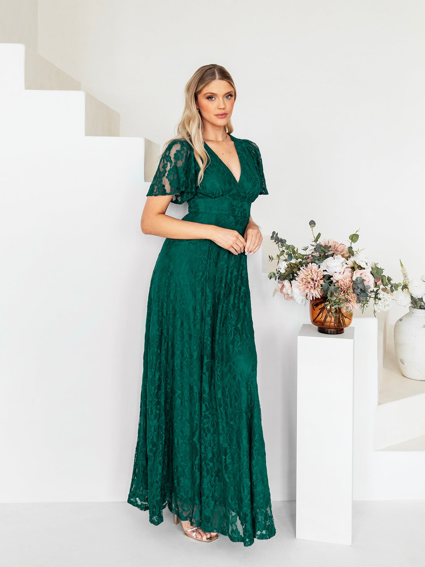 Maya Emerald Green Lace V Neck Angel Sleeve Maxi Dress
