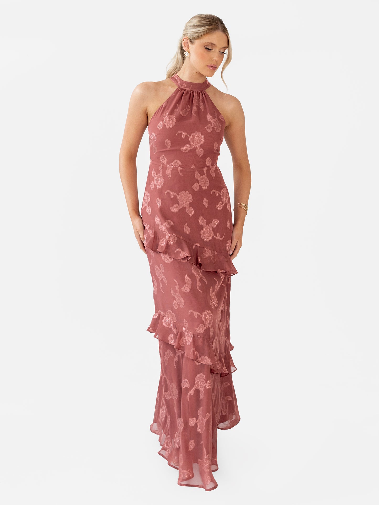 Maya Copper Rose Floral Jacquard Halter Neck Maxi Dress