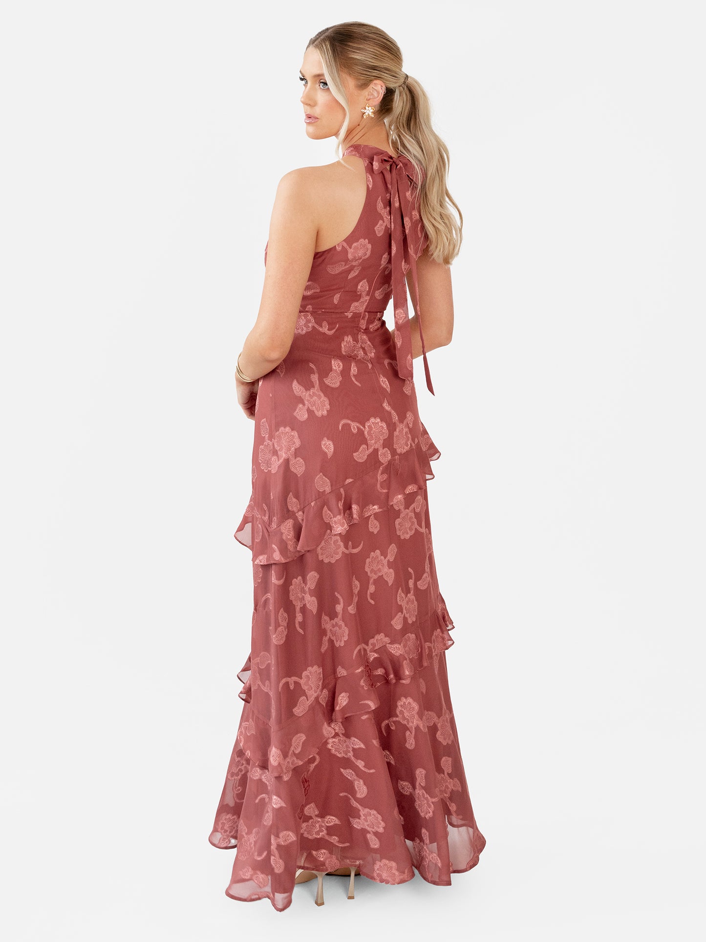 Maya Copper Rose Floral Jacquard Halter Neck Maxi Dress