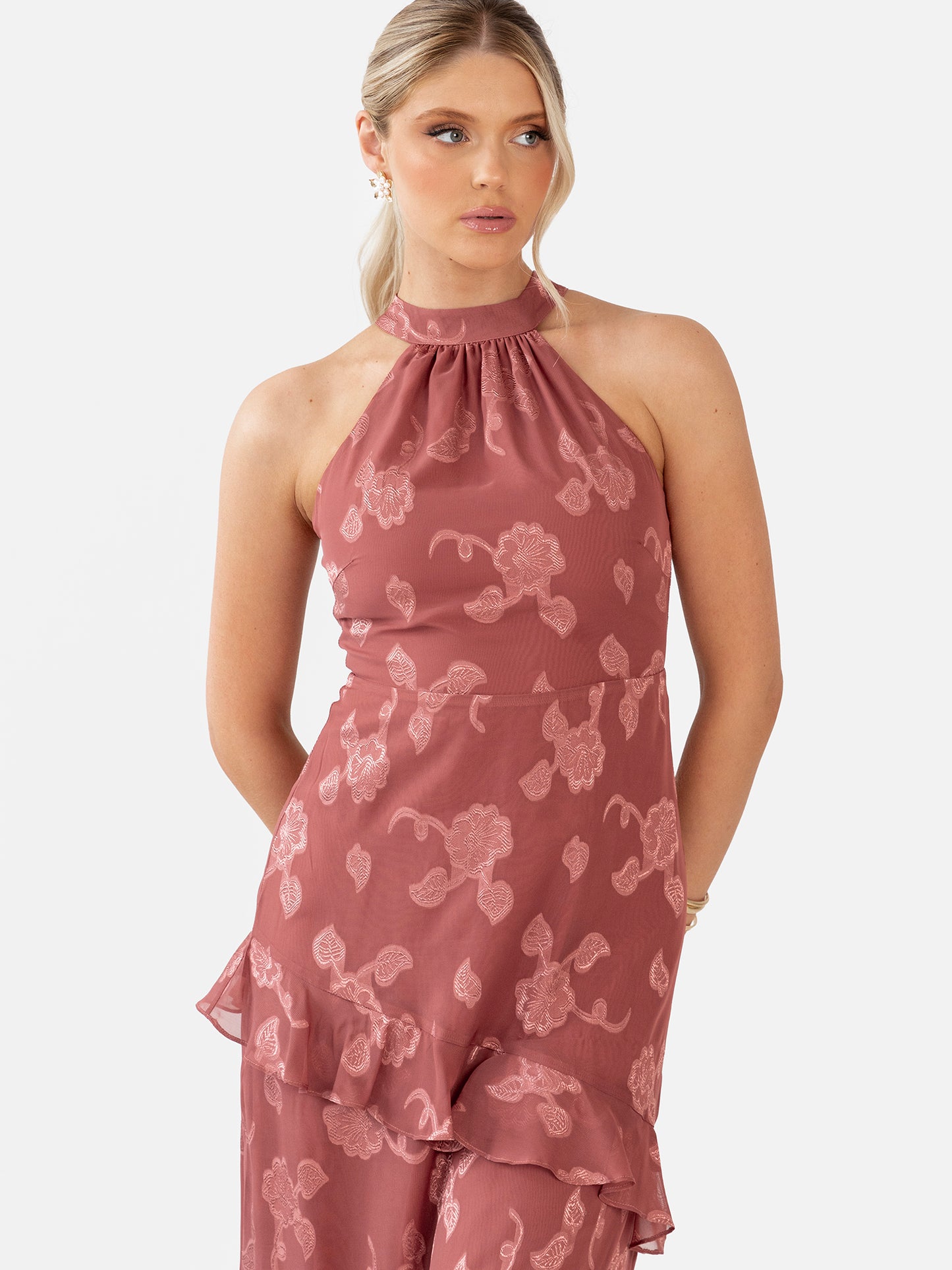 Maya Copper Rose Floral Jacquard Halter Neck Maxi Dress