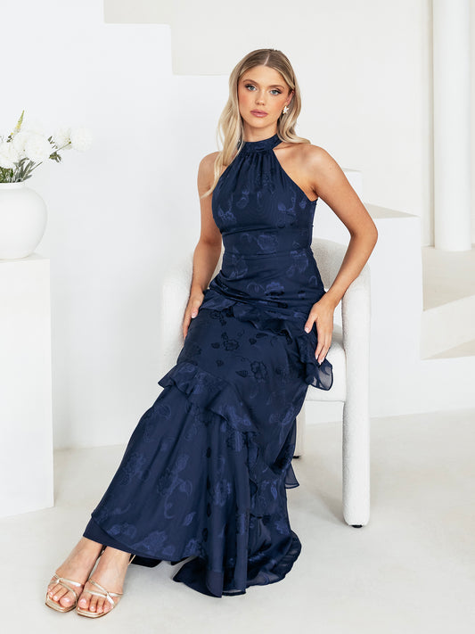 Maya Navy Floral Jacquard Halter Neck Maxi Dress