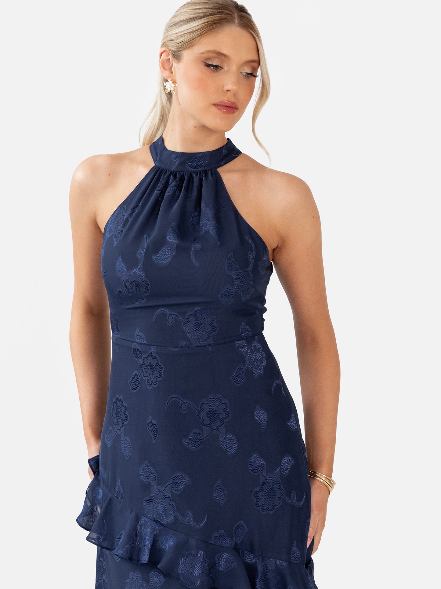 Maya Navy Floral Jacquard Halter Neck Maxi Dress