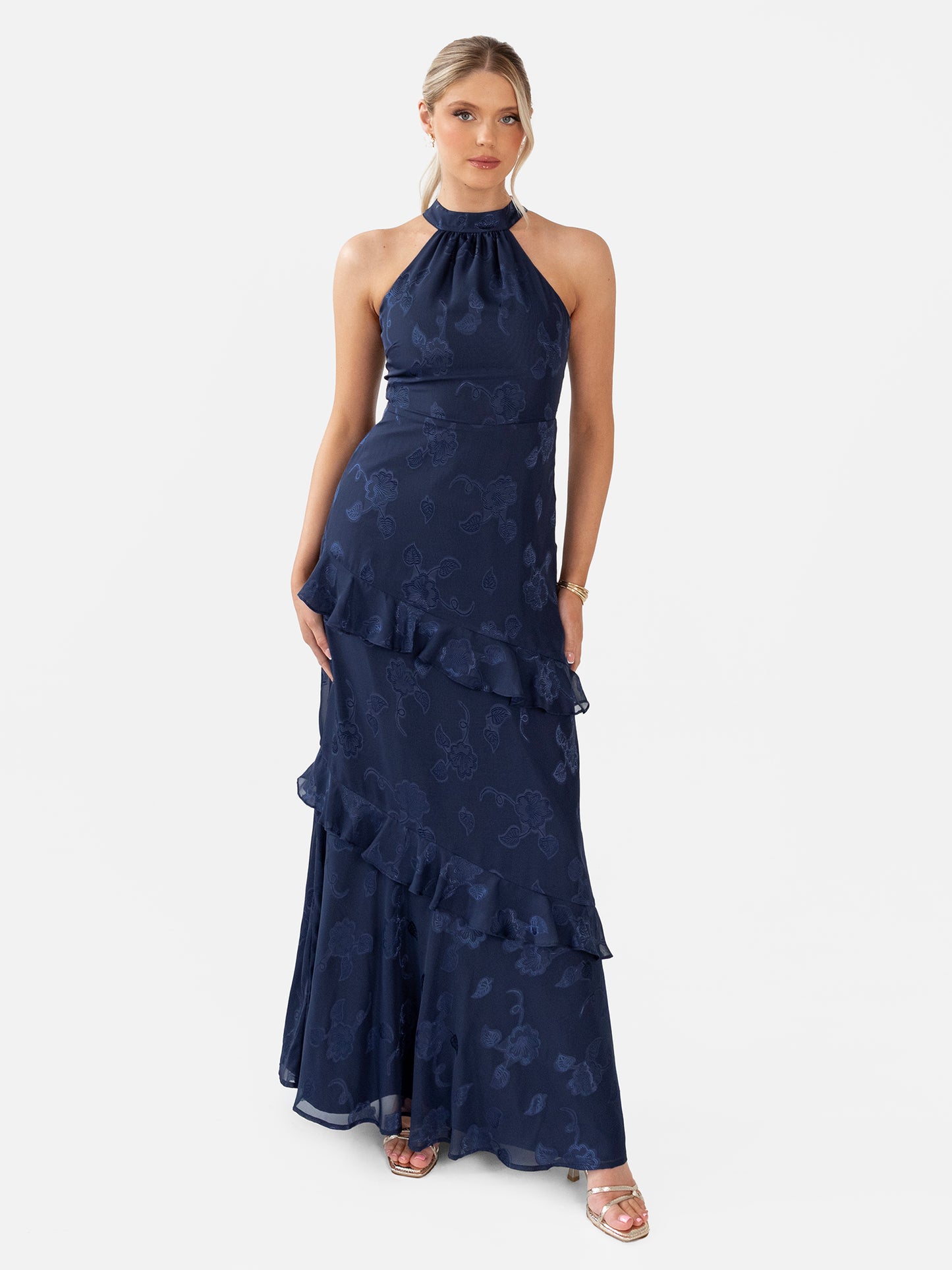 Maya Navy Floral Jacquard Halter Neck Maxi Dress