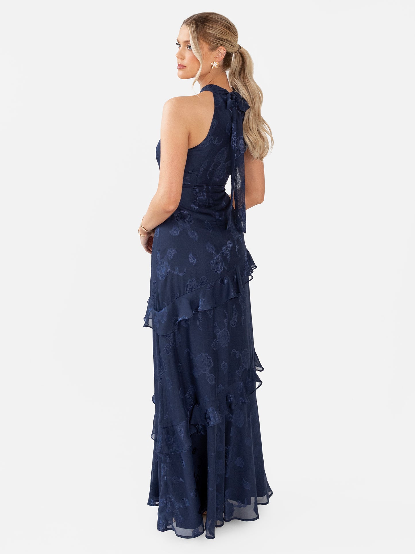 Maya Navy Floral Jacquard Halter Neck Maxi Dress