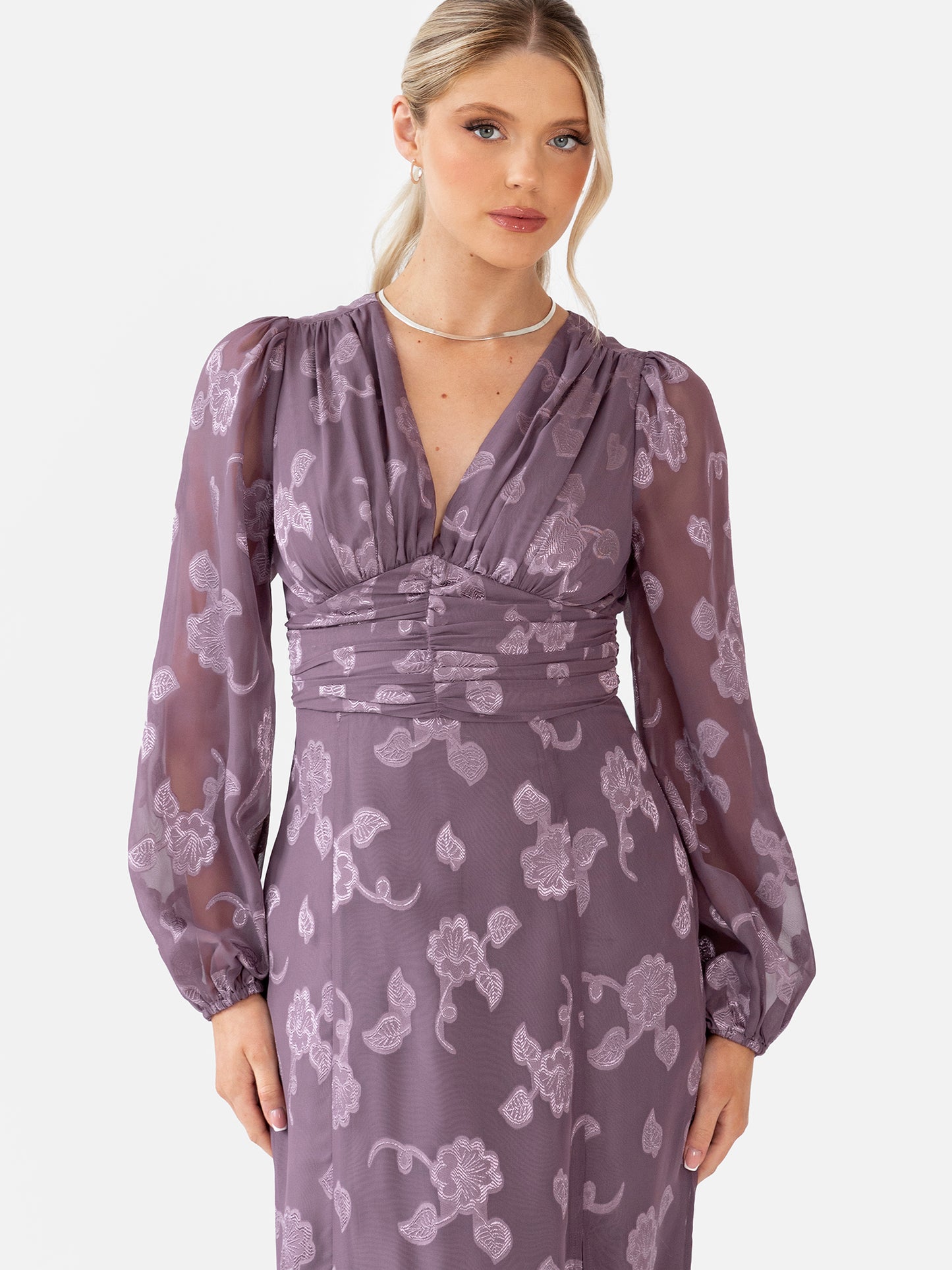 Maya Deep Lilac Floral Jacquard Long Sleeve Maxi Dress
