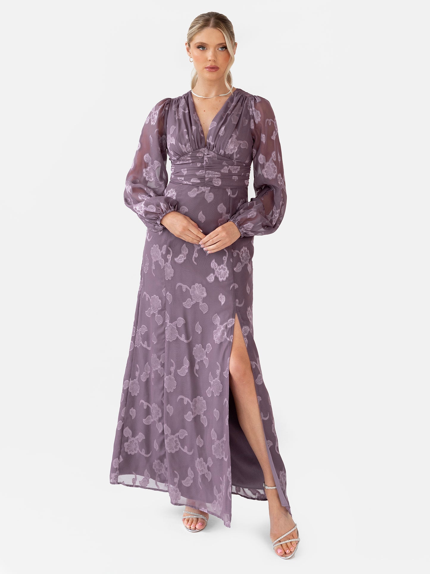 Maya Deep Lilac Floral Jacquard Long Sleeve Maxi Dress