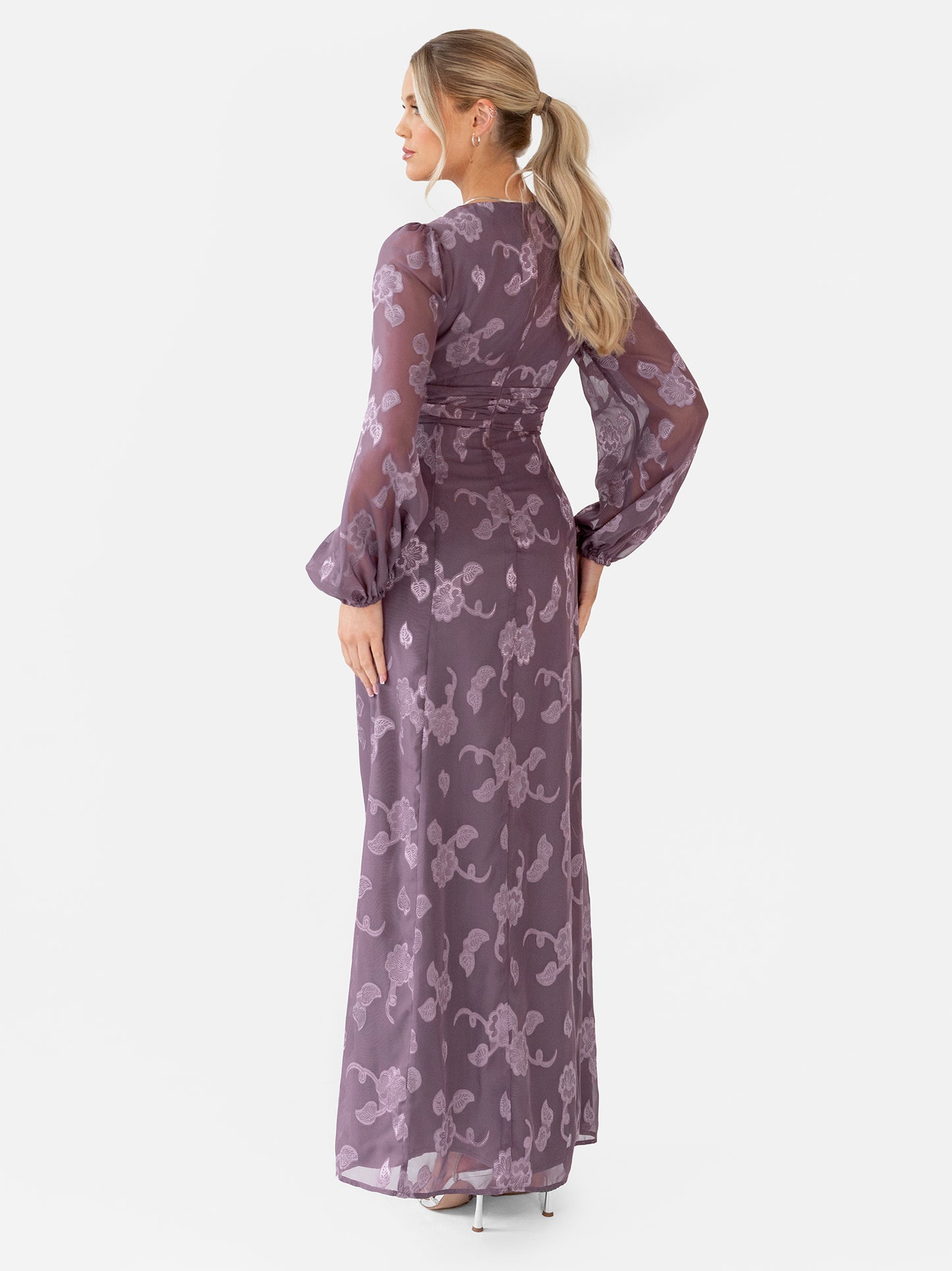 Maya Deep Lilac Floral Jacquard Long Sleeve Maxi Dress