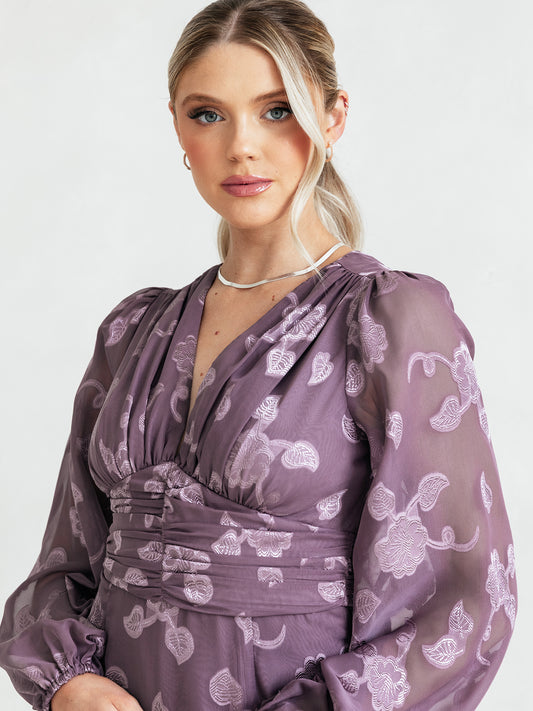 Maya Deep Lilac Floral Jacquard Long Sleeve Maxi Dress