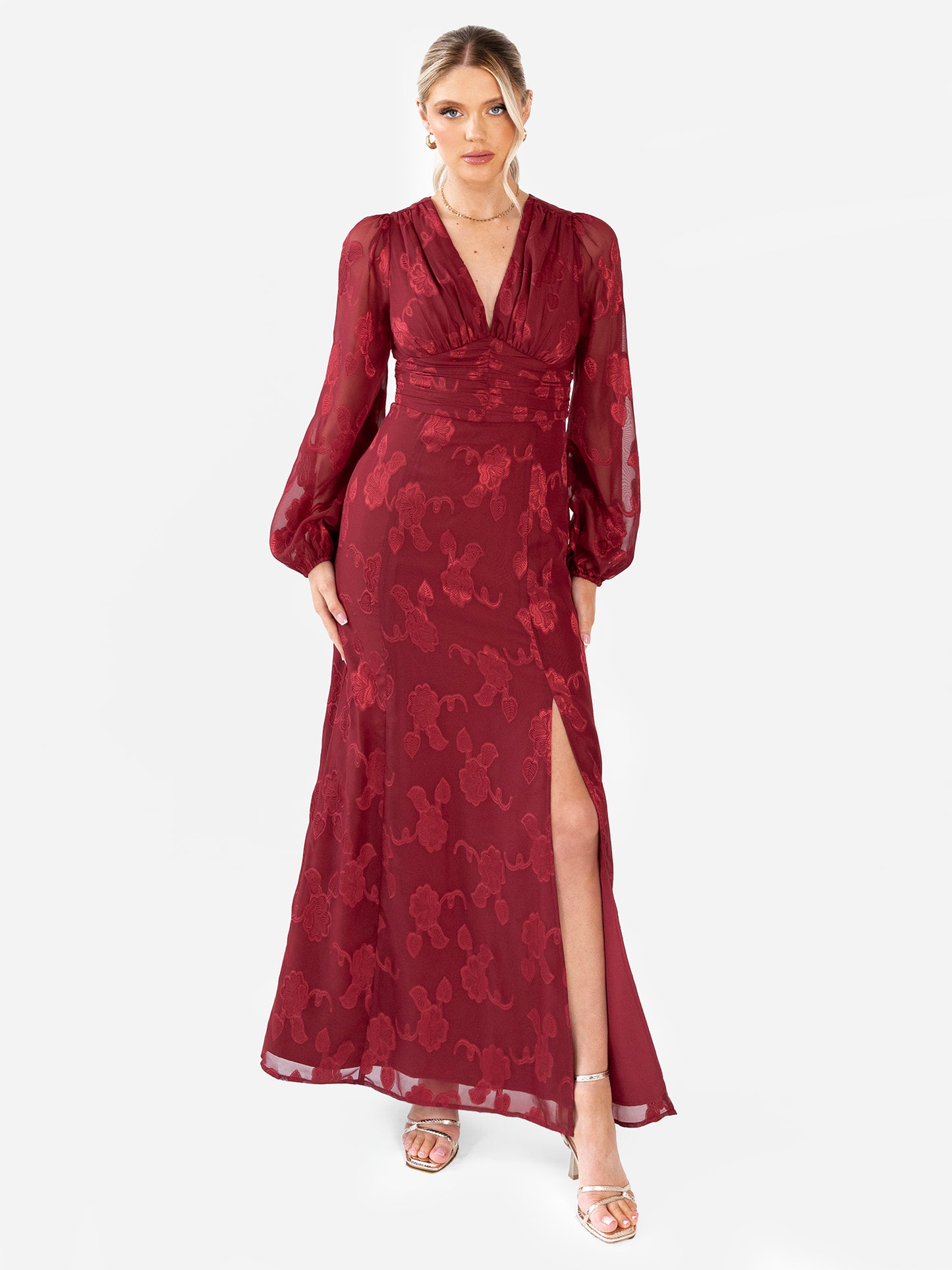 Maya Deep Red Floral Jacquard Blouson Sleeve Maxi Dress