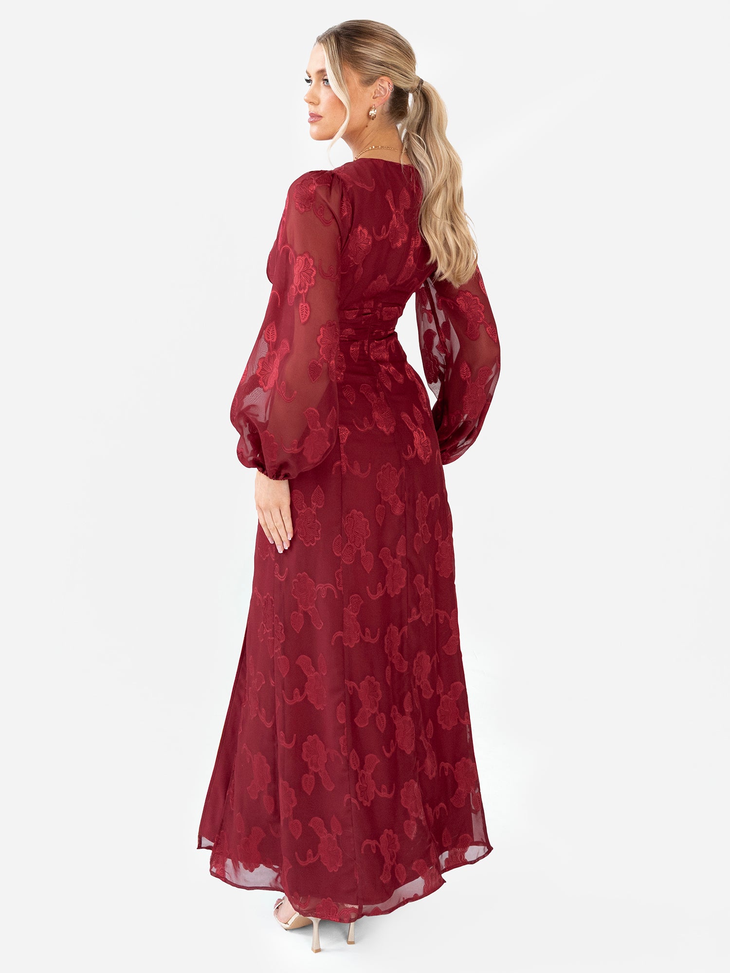 satin jacquard blouson sleeve maxi dress ZARA NWT WOMAN V NECK LONG JACQUARD DRESS BURGUNDY | 4886/465 ALL SIZES