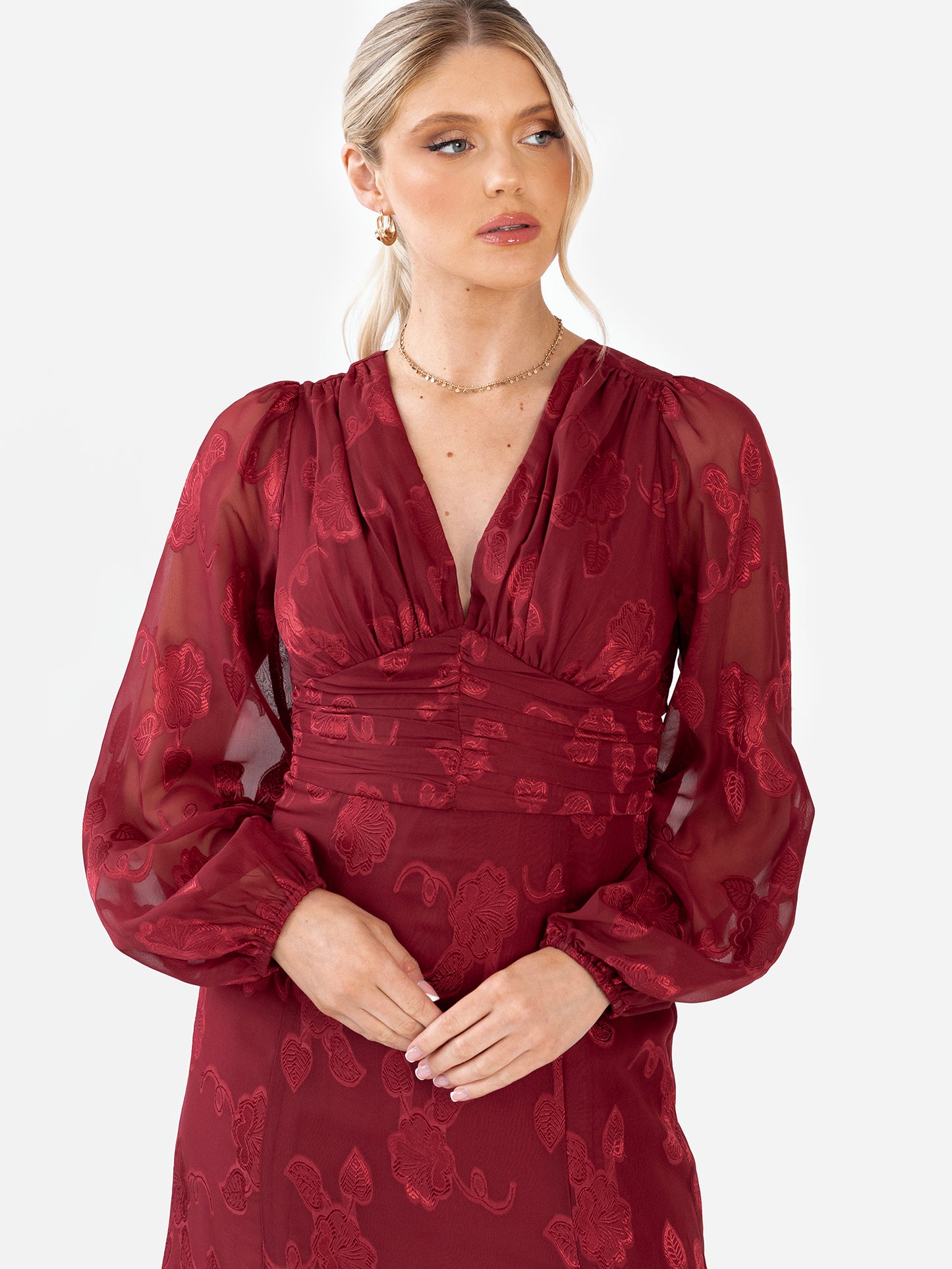 Maya Deep Red Floral Jacquard Blouson Sleeve Maxi Dress