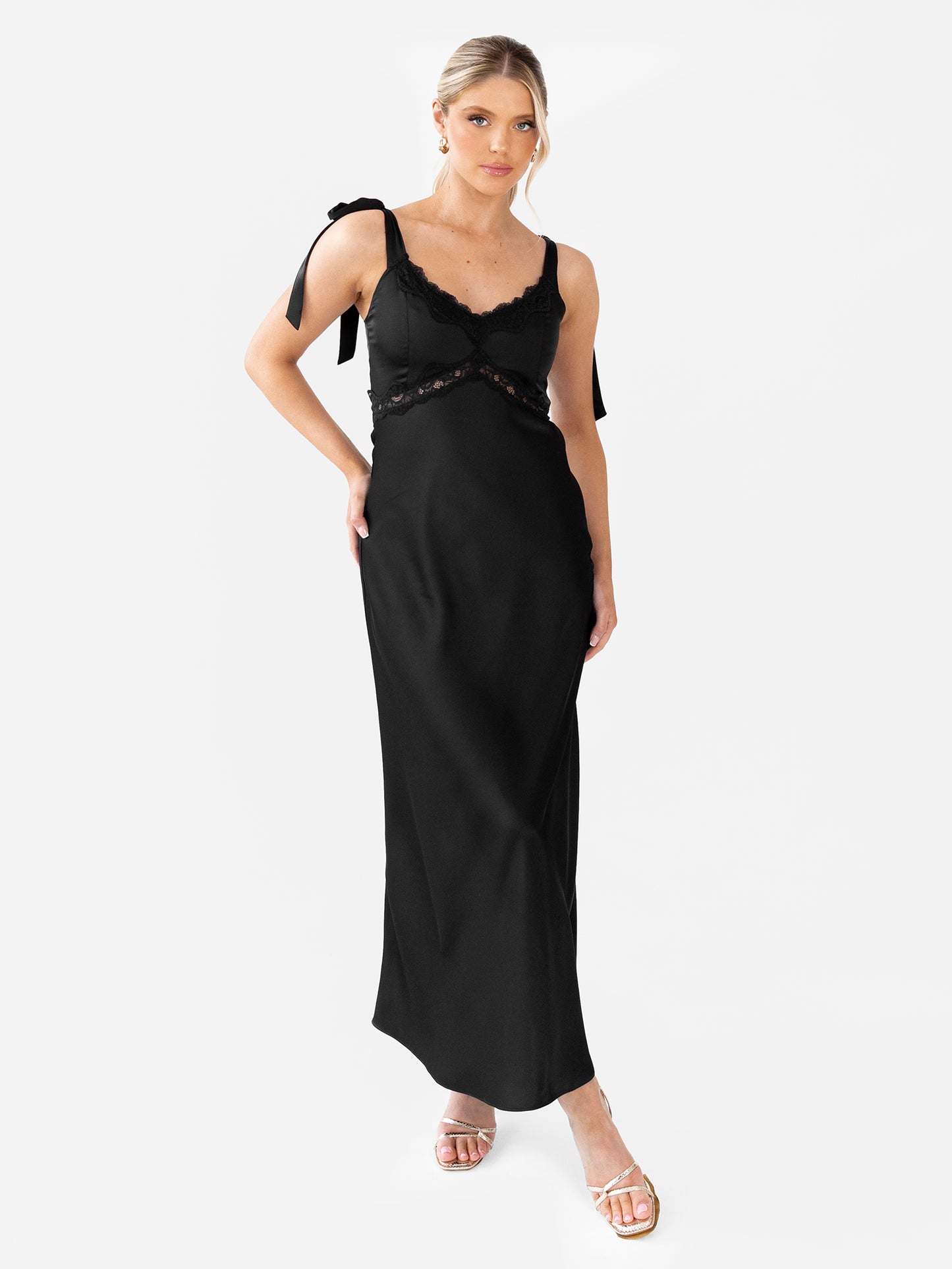 Maya Black Tie-Shoulder Strappy Satin Midaxi Dress