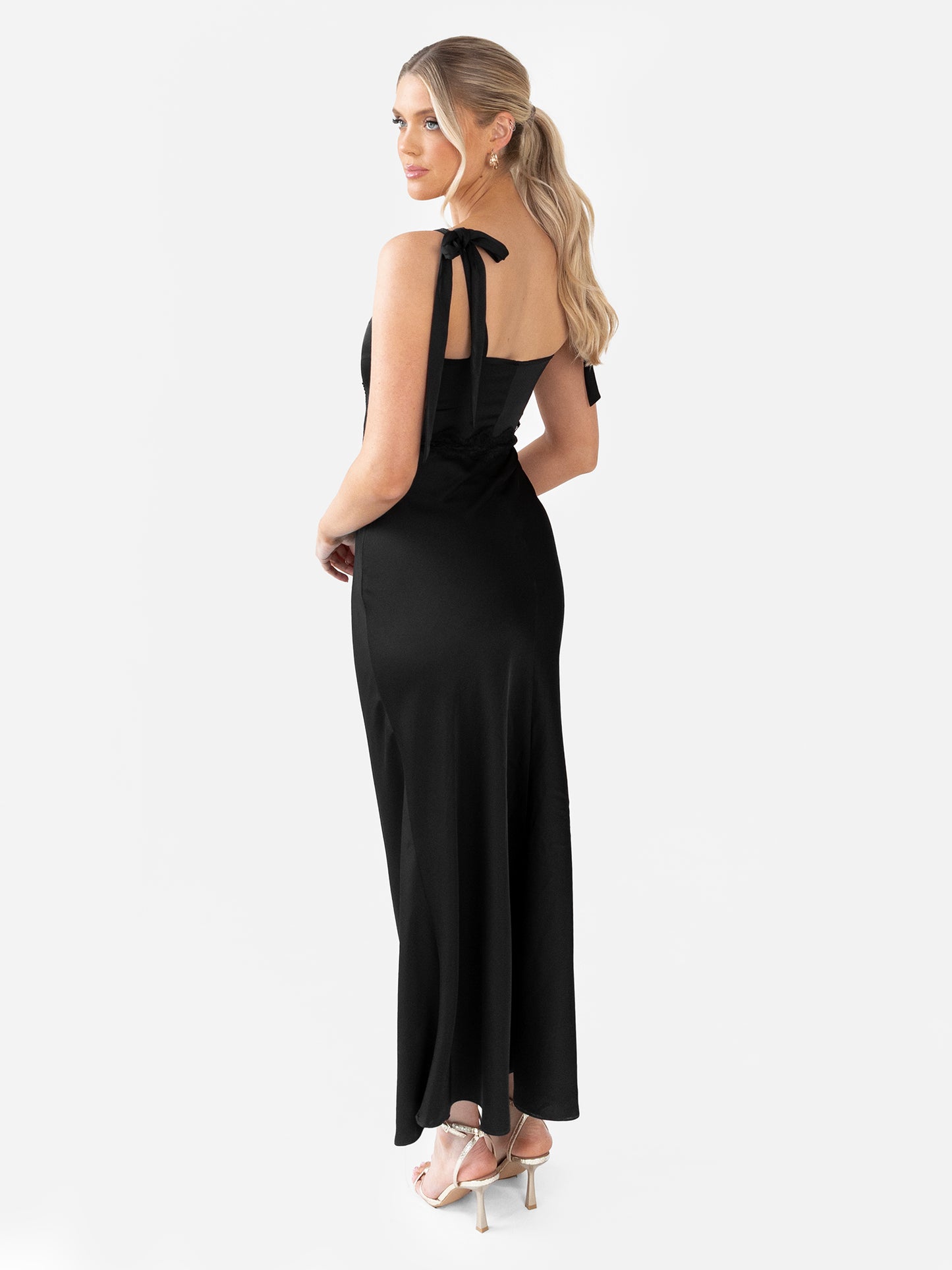 Maya Black Tie-Shoulder Strappy Satin Midaxi Dress