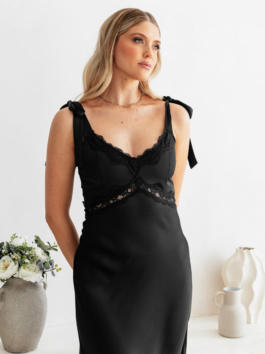 Maya Black Tie-Shoulder Strappy Satin Midaxi Dress