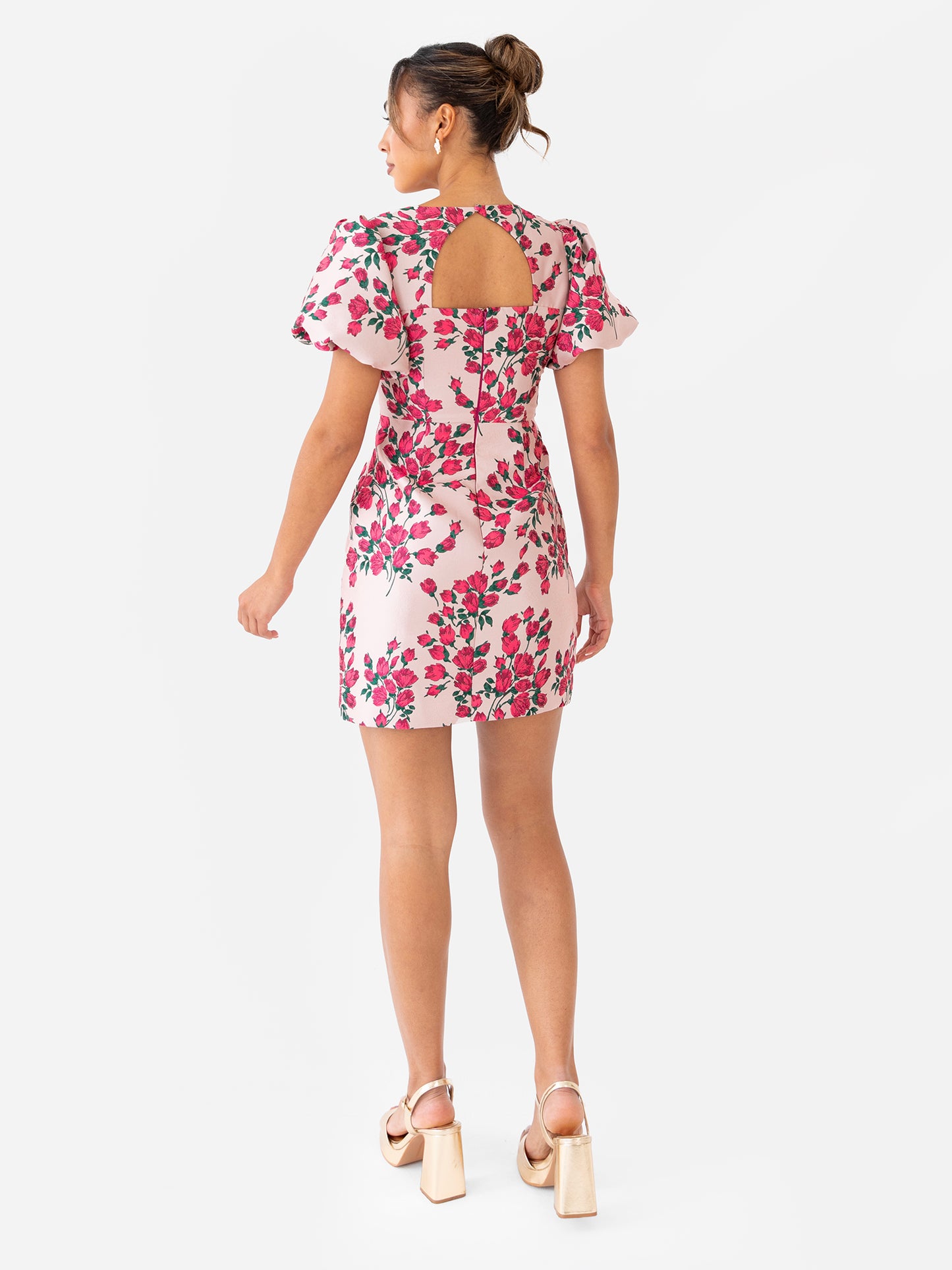 Maya Pink Floral Jacquard Short Puff Sleeve Mini Dress