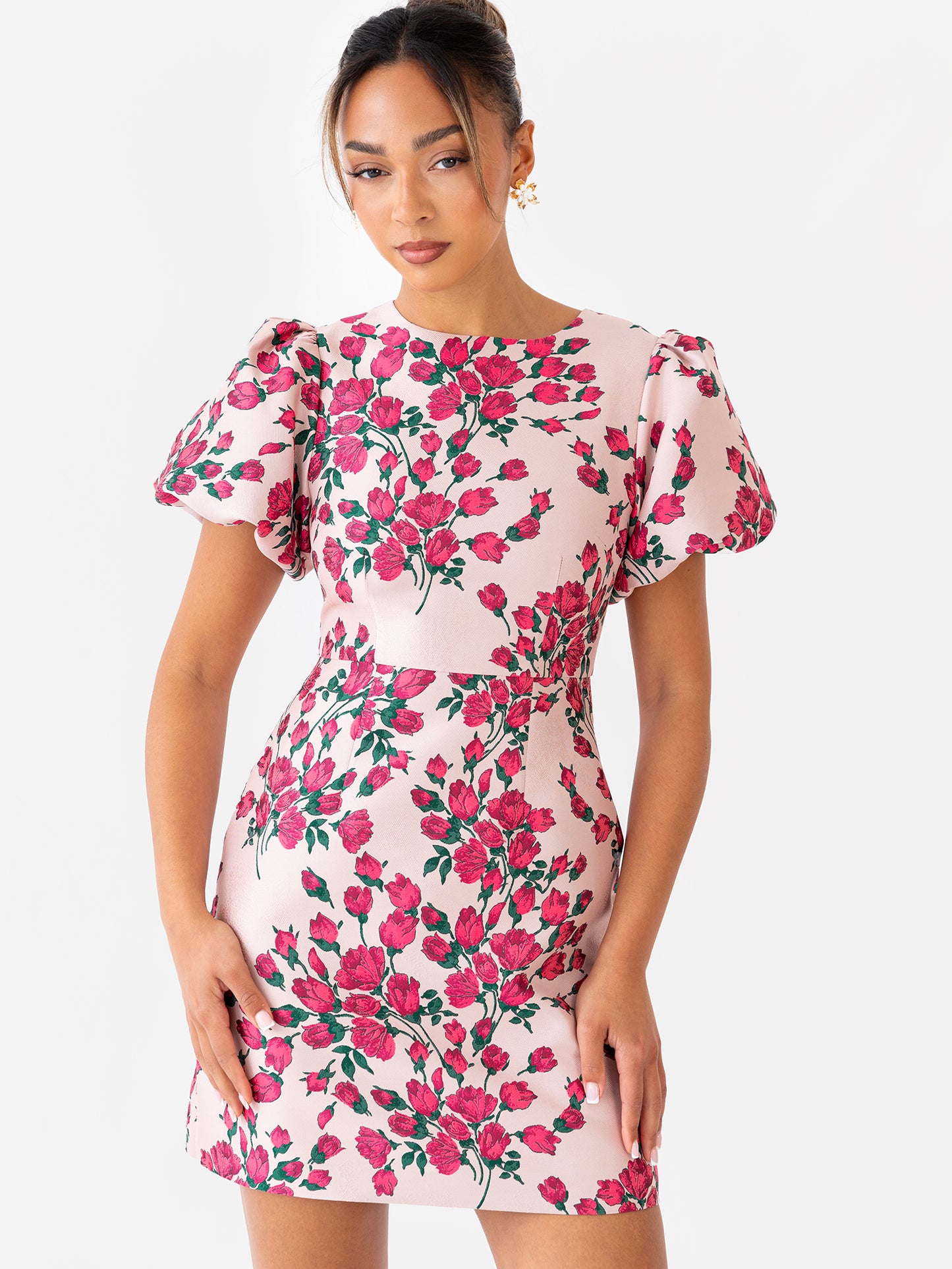 Maya Pink Floral Jacquard Short Puff Sleeve Mini Dress