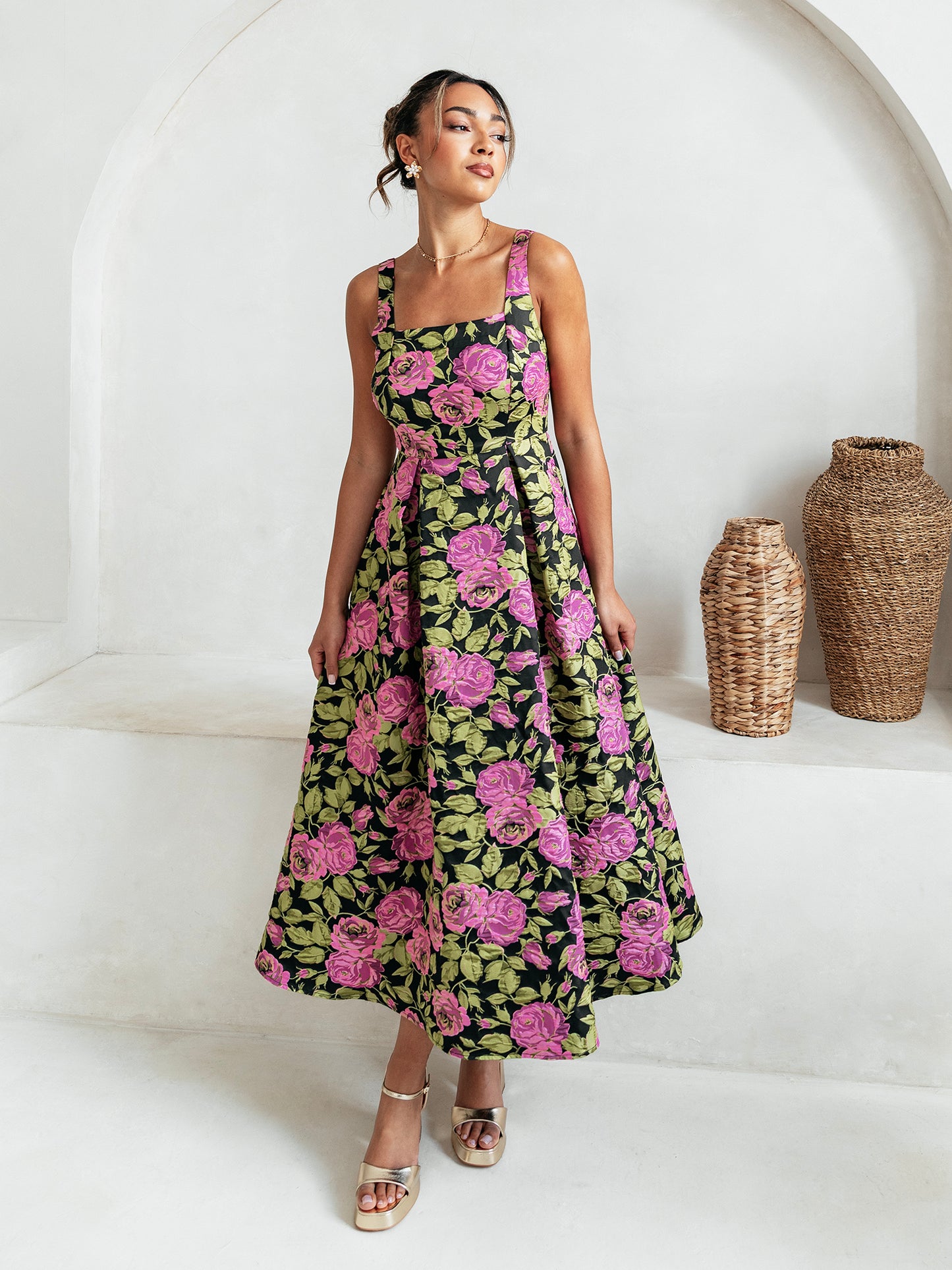 Maya Floral Jacquard Strappy Square Neck Midi Dress with Pockets