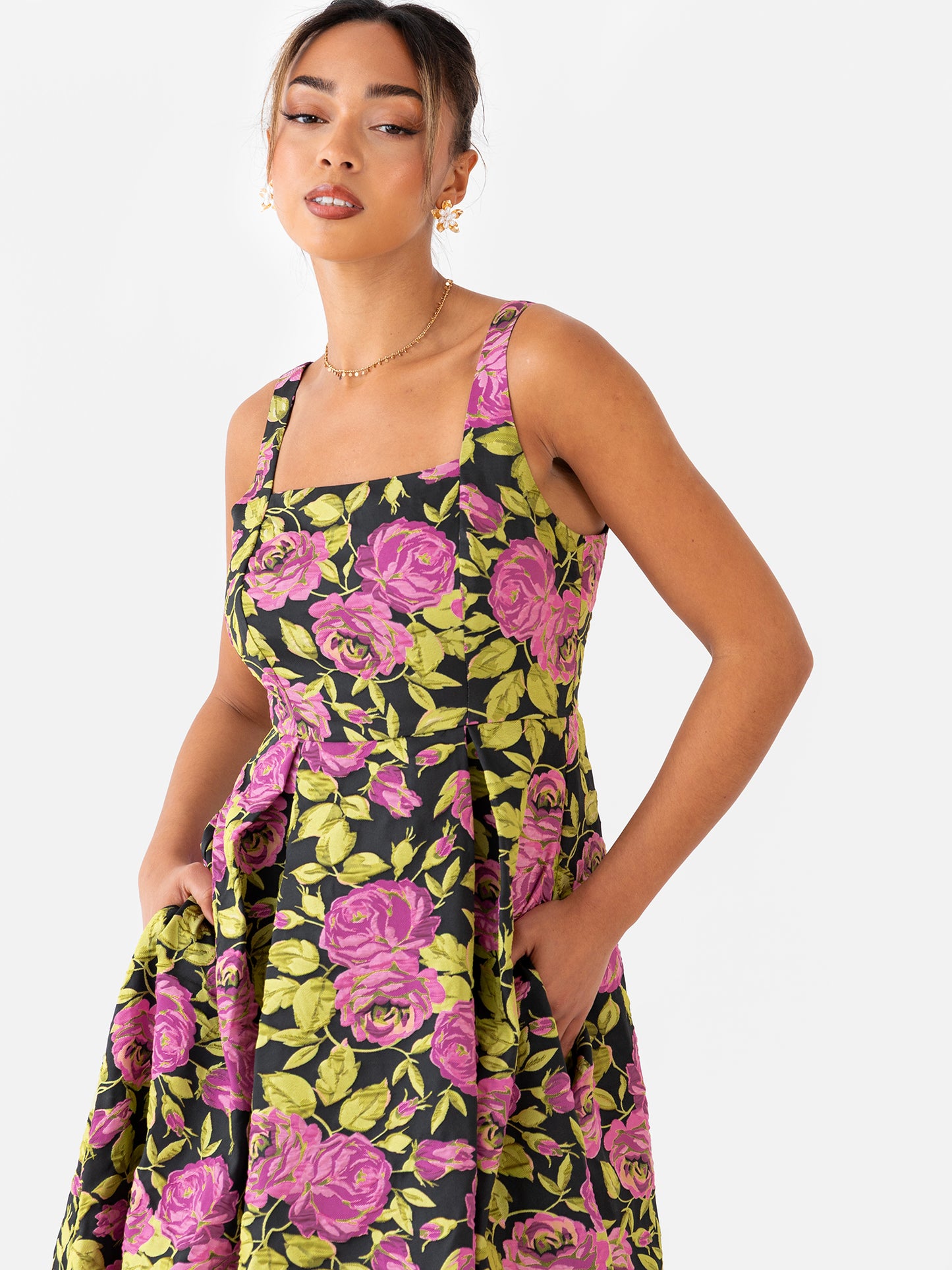 Maya Floral Jacquard Strappy Square Neck Midi Dress with Pockets