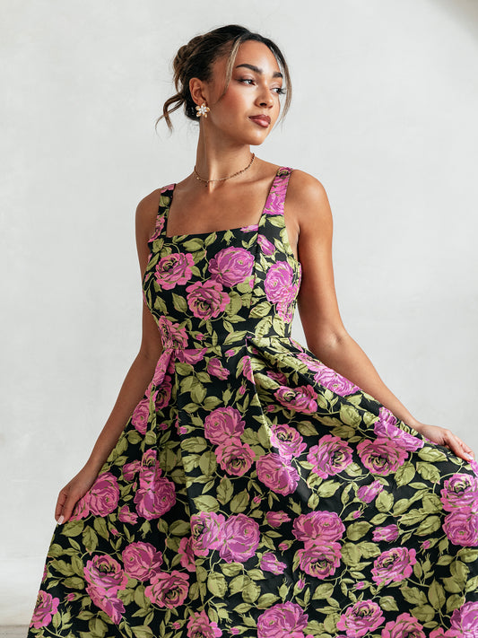 Maya Floral Jacquard Strappy Square Neck Midi Dress with Pockets