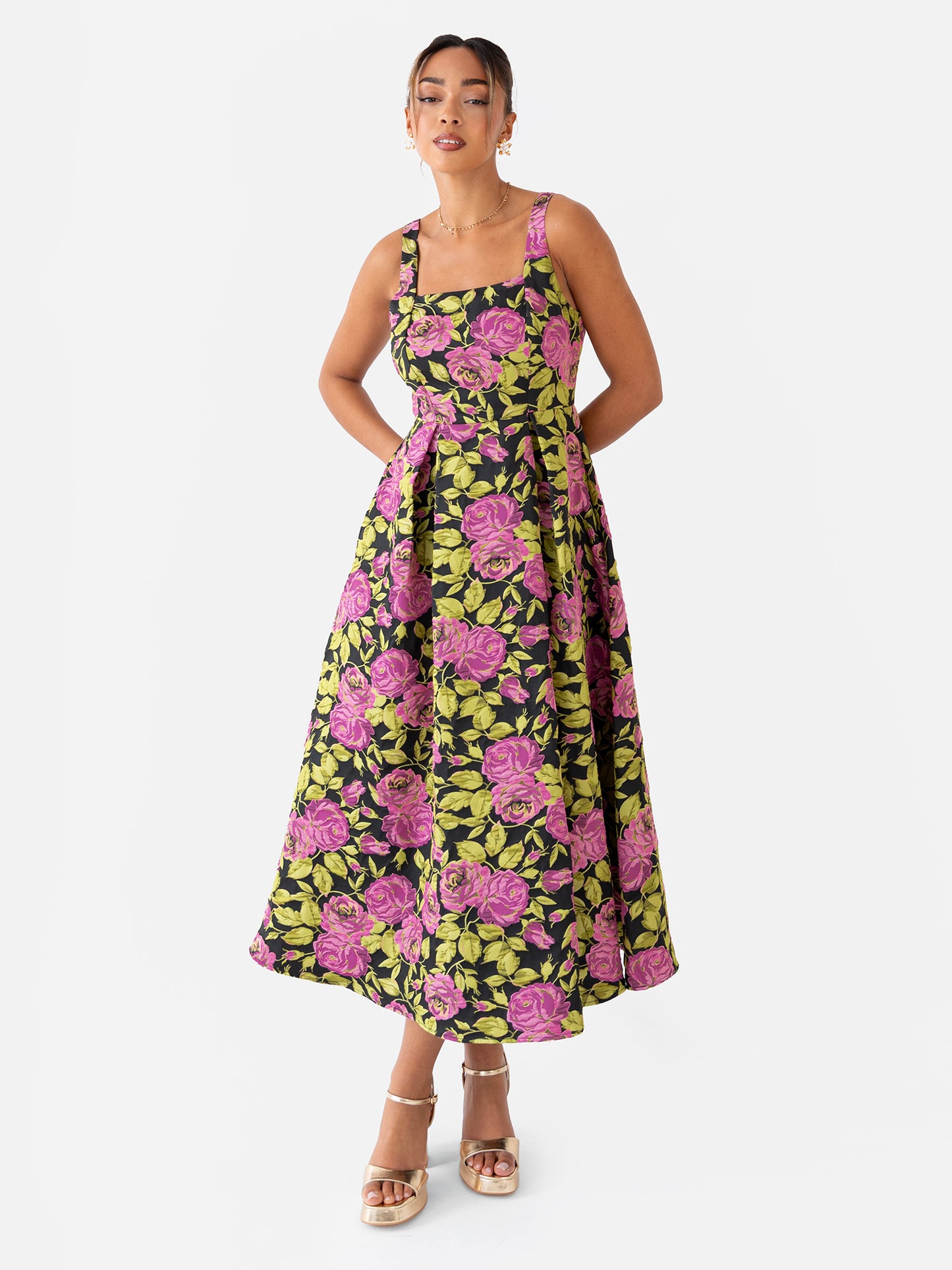 Maya Floral Jacquard Strappy Square Neck Midi Dress with Pockets