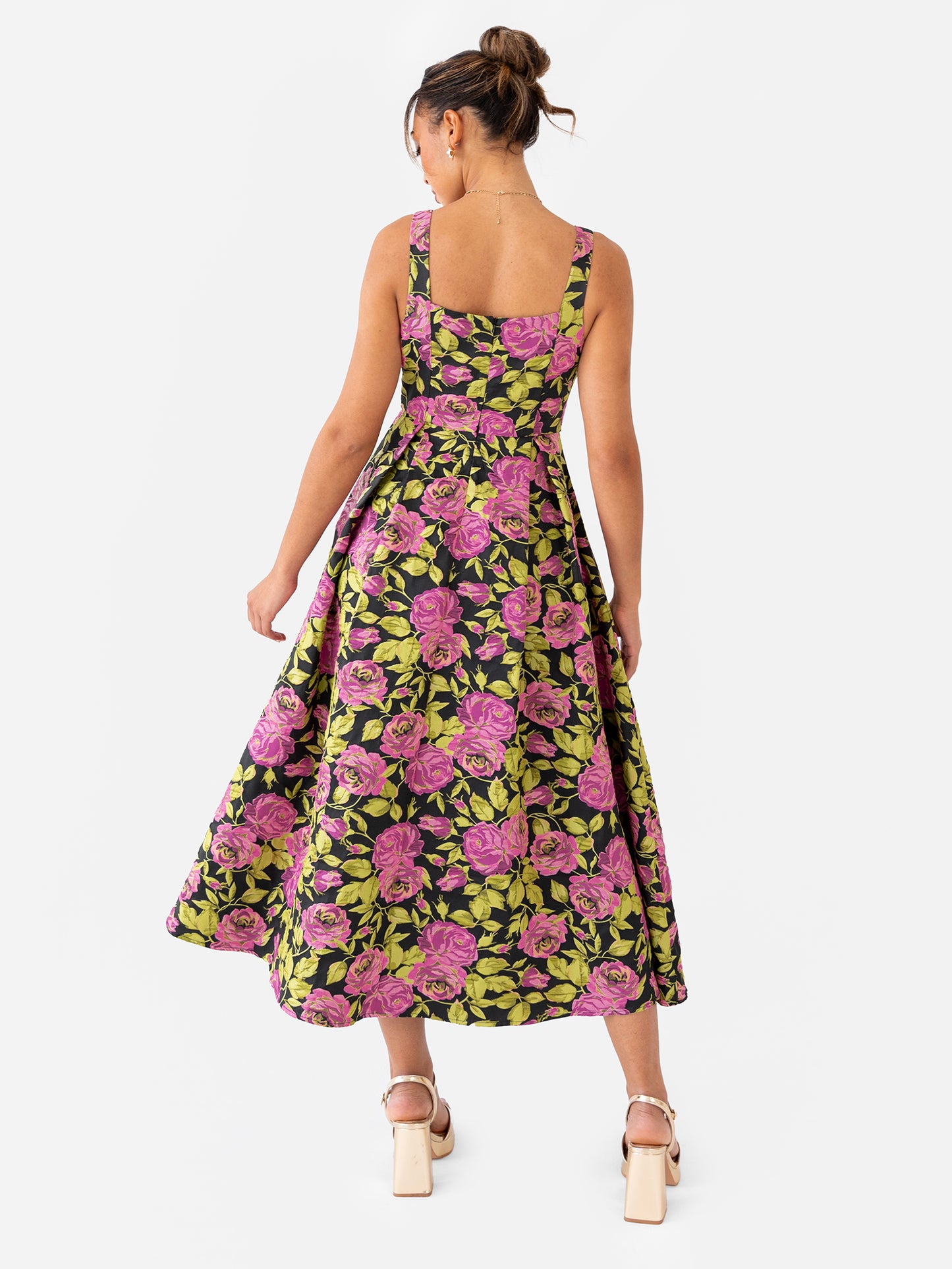 Maya Floral Jacquard Strappy Square Neck Midi Dress with Pockets