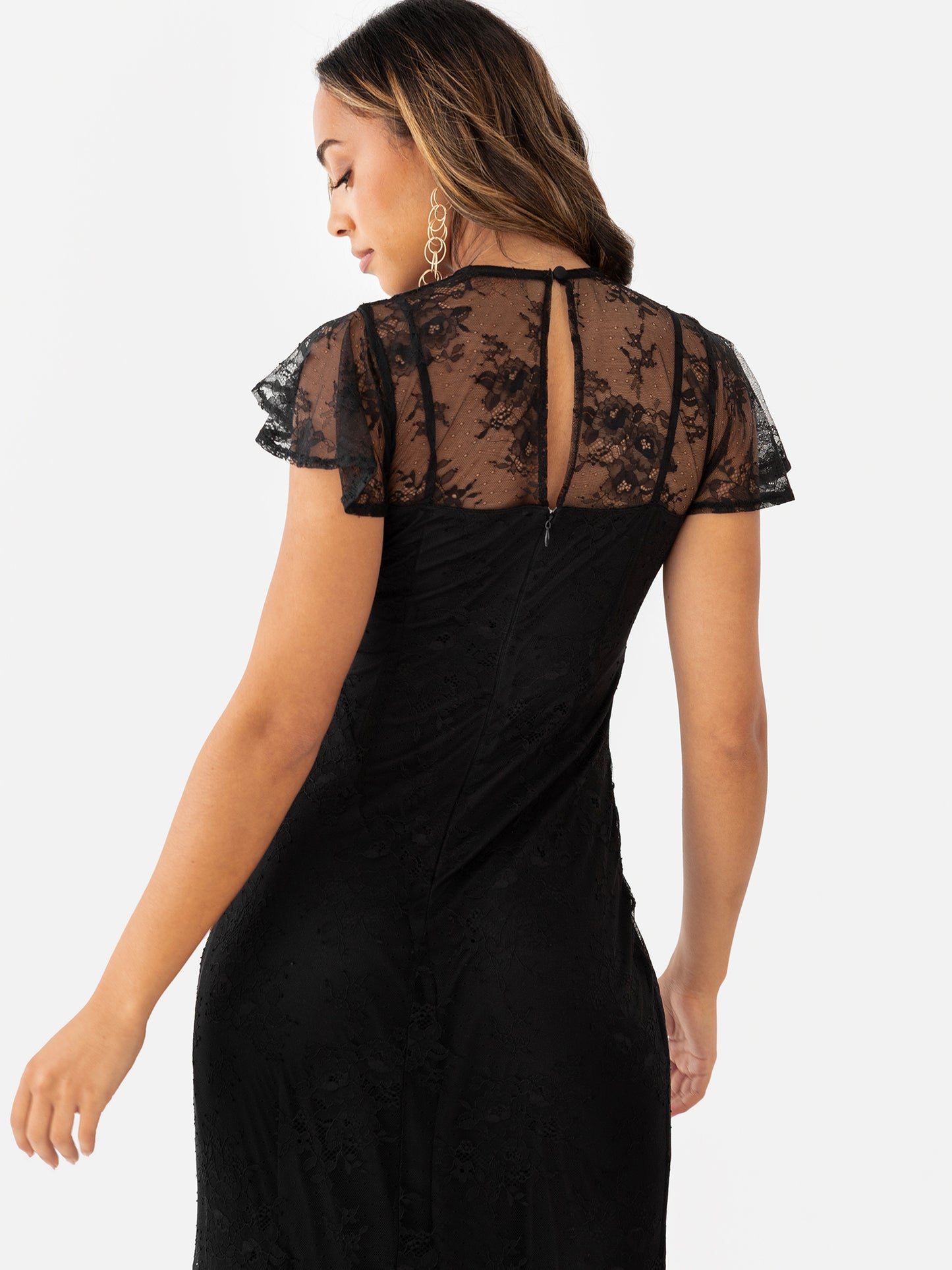 Maya Black Flutter Sleeve Lace Maxi Dress with Ruffle Detail