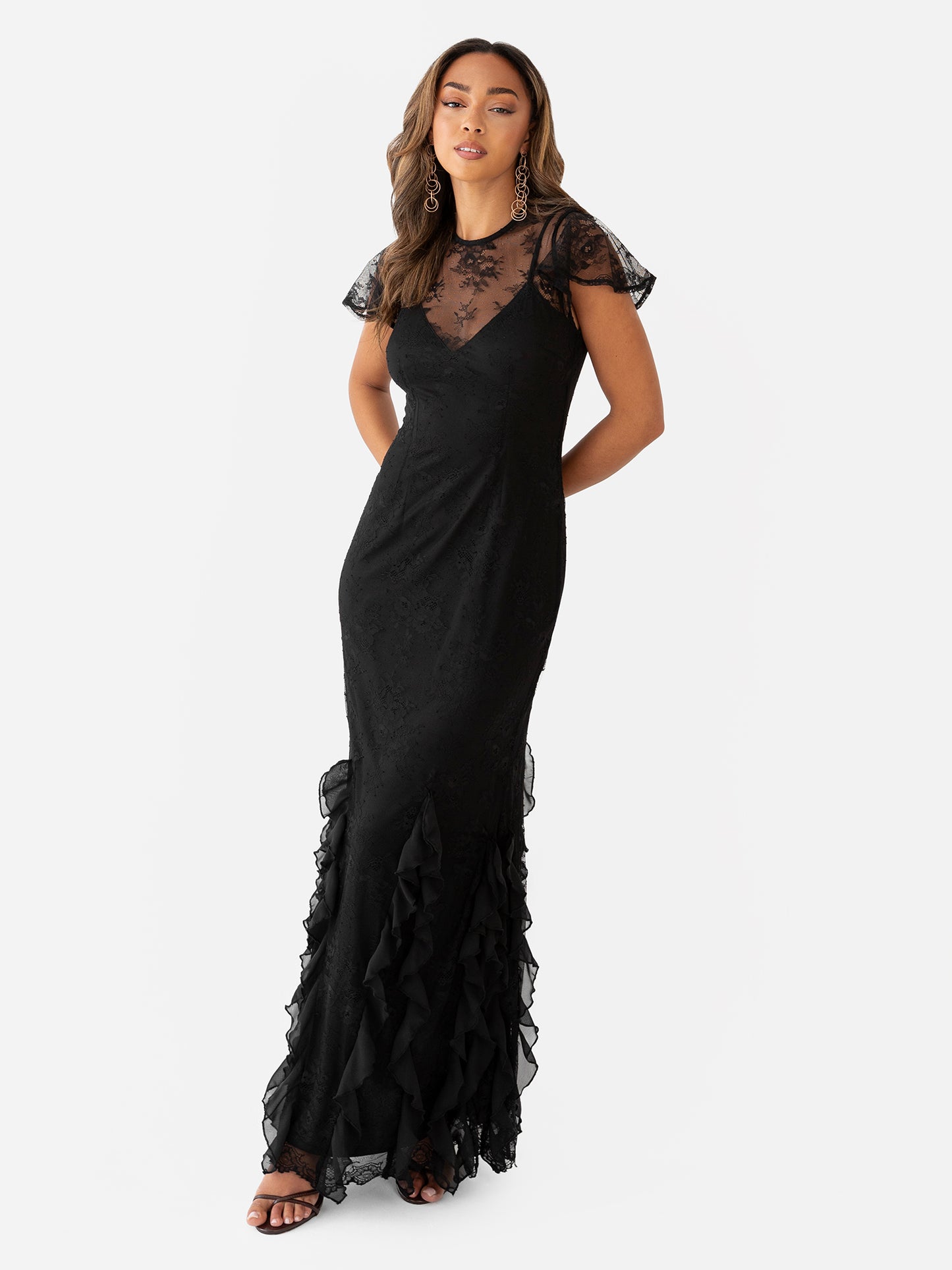 Maya Black Flutter Sleeve Lace Maxi Dress with Ruffle Detail