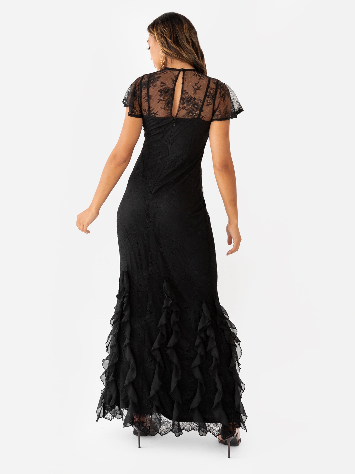 Maya Black Flutter Sleeve Lace Maxi Dress with Ruffle Detail