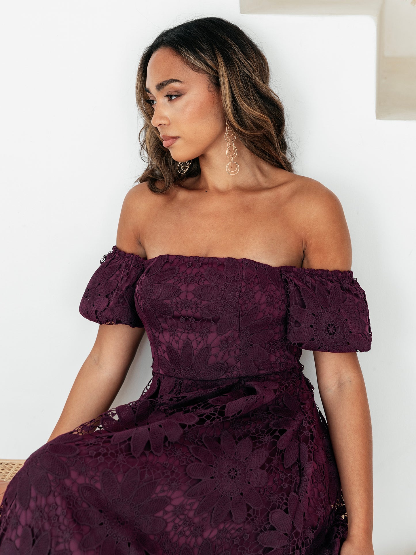 Maya Plum Bardot Puff Short Sleeve Lace Midi Dress