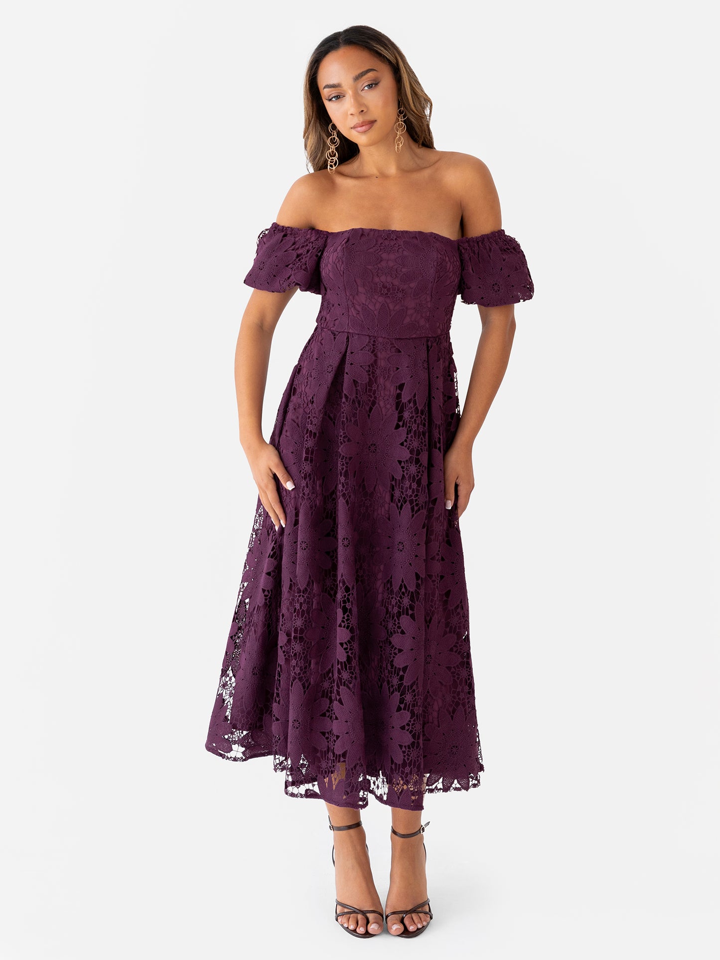 Maya Plum Bardot Puff Short Sleeve Lace Midi Dress