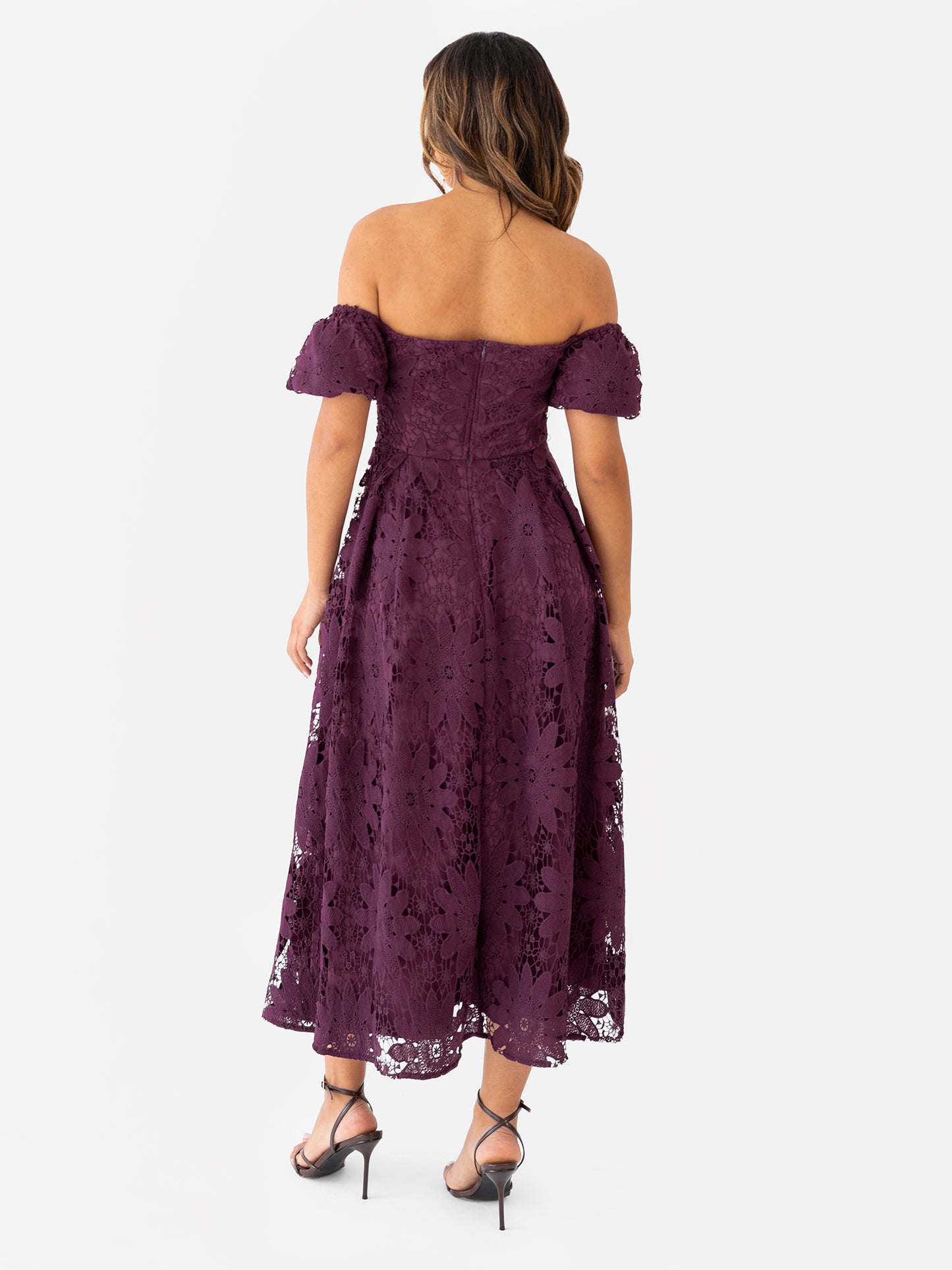 Maya Plum Bardot Puff Short Sleeve Lace Midi Dress