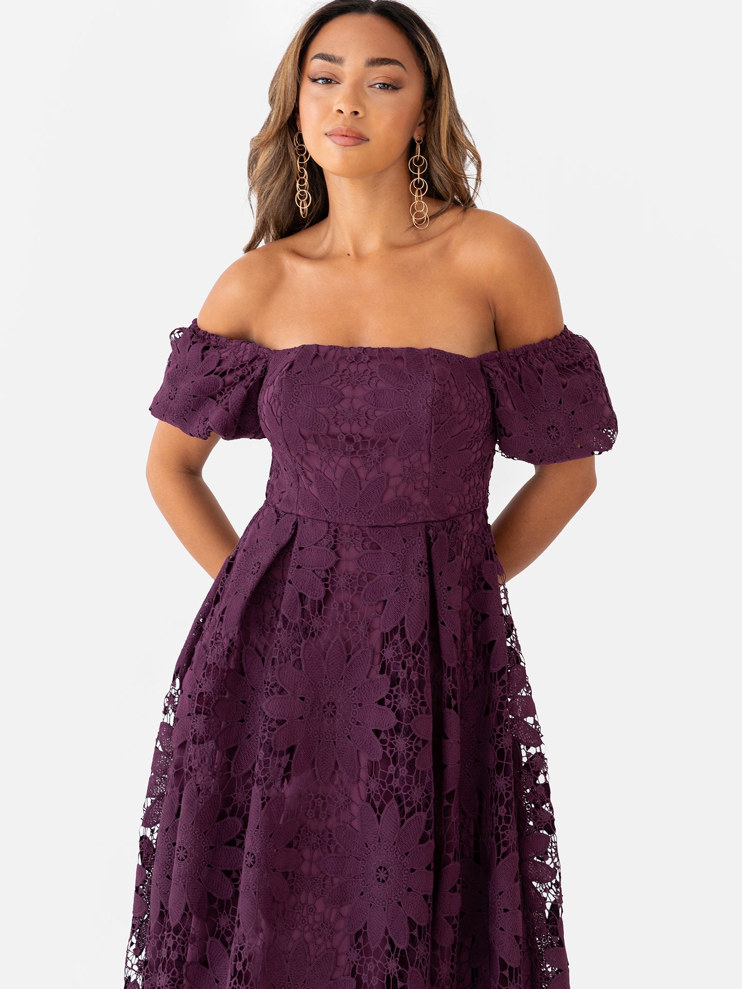 Maya Plum Bardot Puff Short Sleeve Lace Midi Dress