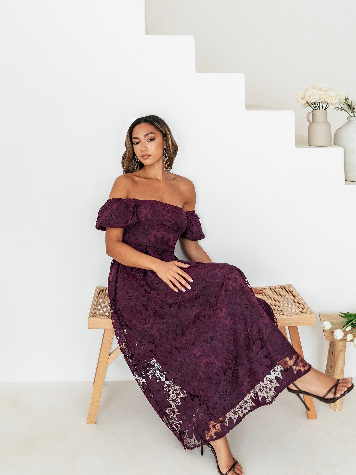 Maya Plum Bardot Puff Short Sleeve Lace Midi Dress
