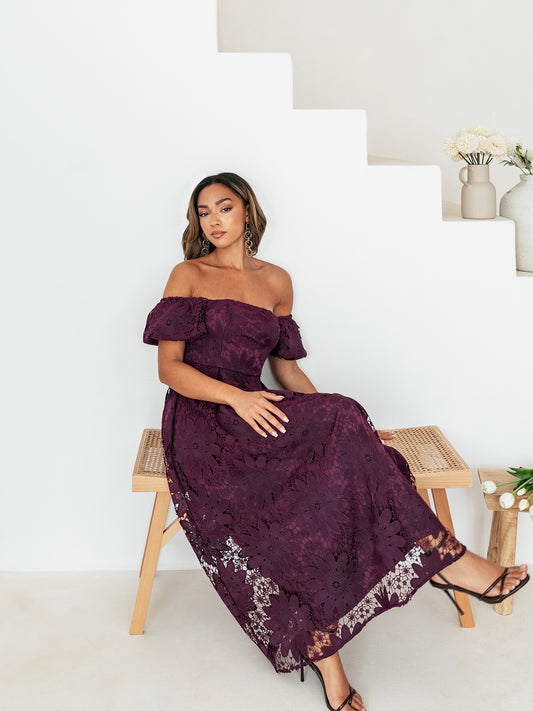 Maya Plum Bardot Puff Short Sleeve Lace Midi Dress