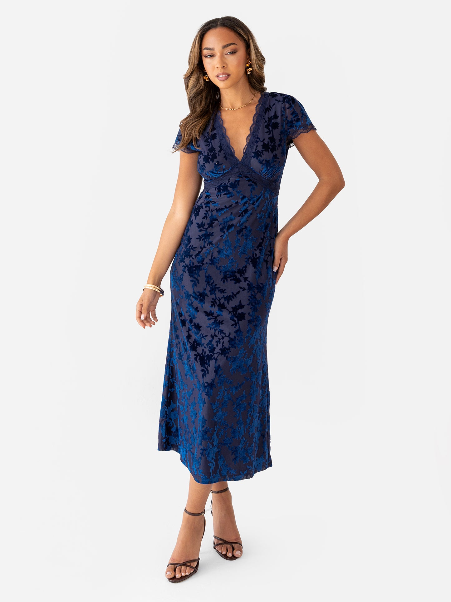 Maya Navy Floral Velvet Devore V Neck Midaxi Dress