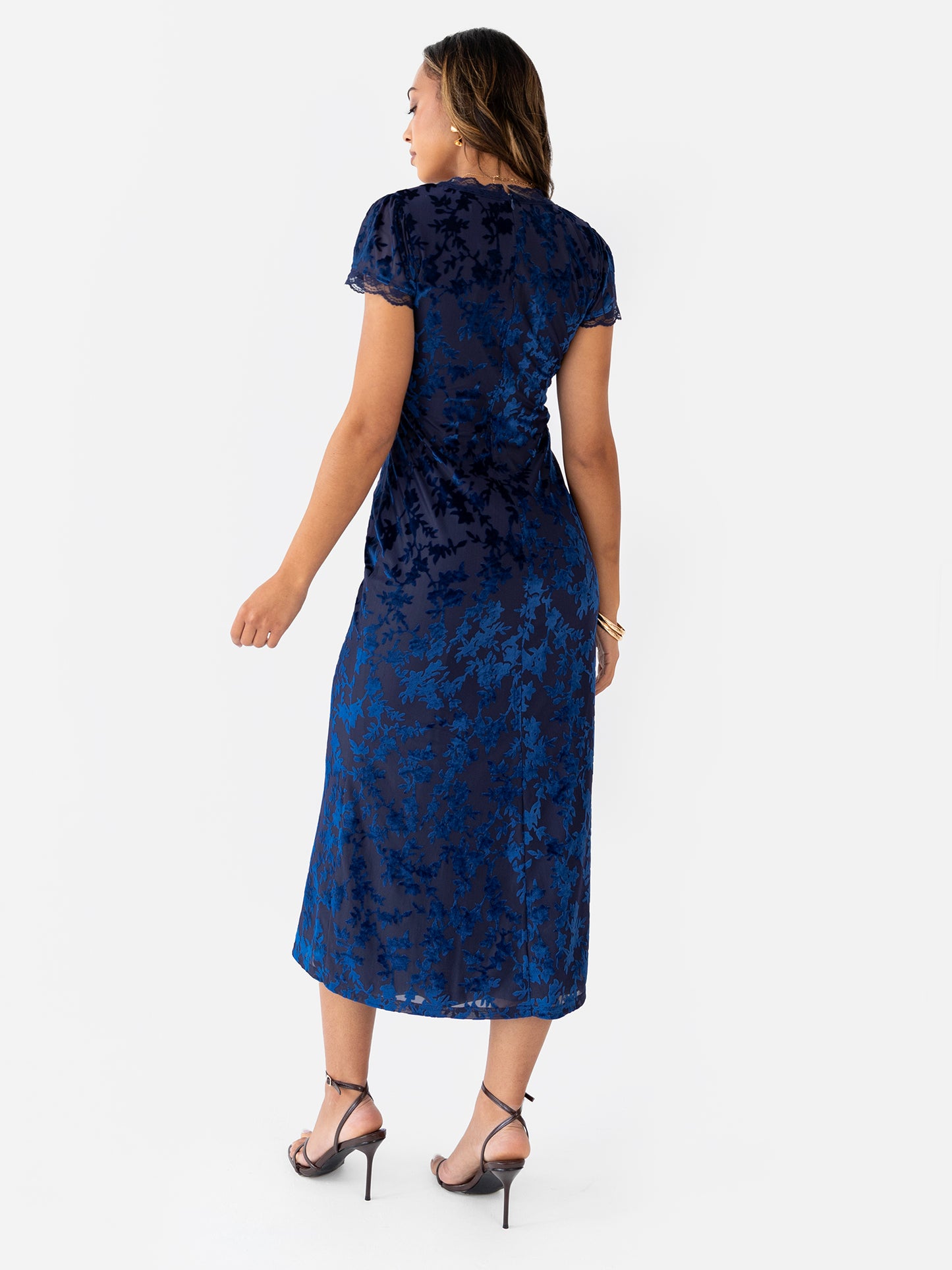 Maya Navy Floral Velvet Devore V Neck Midaxi Dress