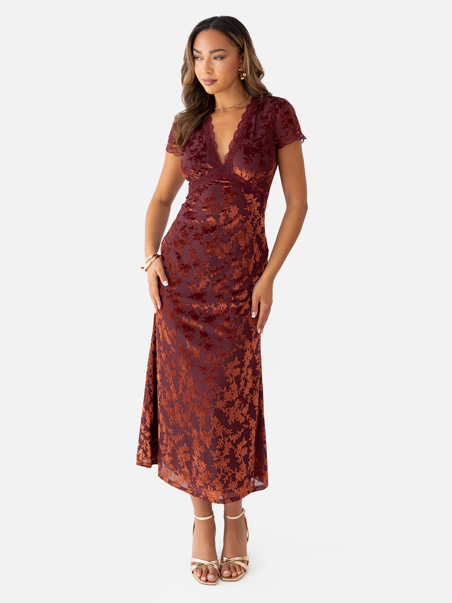 Maya Copper Rose Floral Velvet Devore V Neck Midaxi Dress