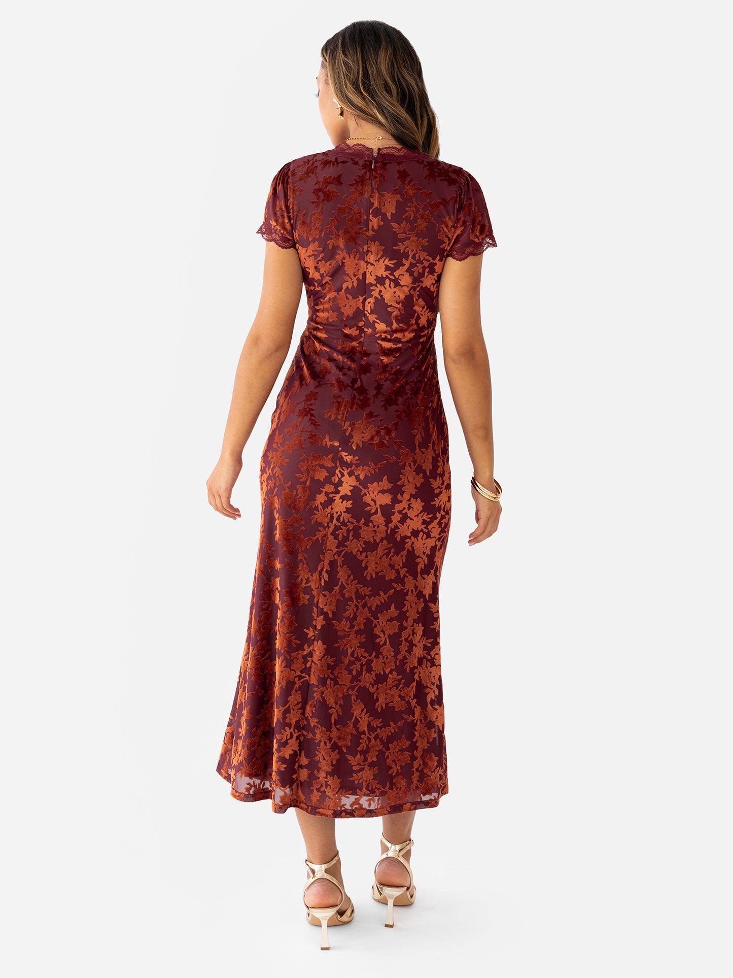 Maya Copper Rose Floral Velvet Devore V Neck Midaxi Dress
