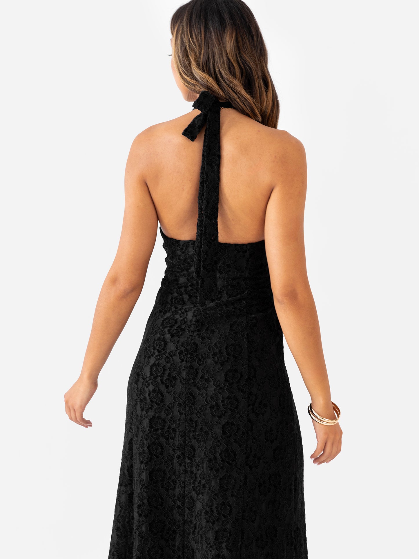 Maya Black Velvet Jacquard Halter Neck Maxi Dress