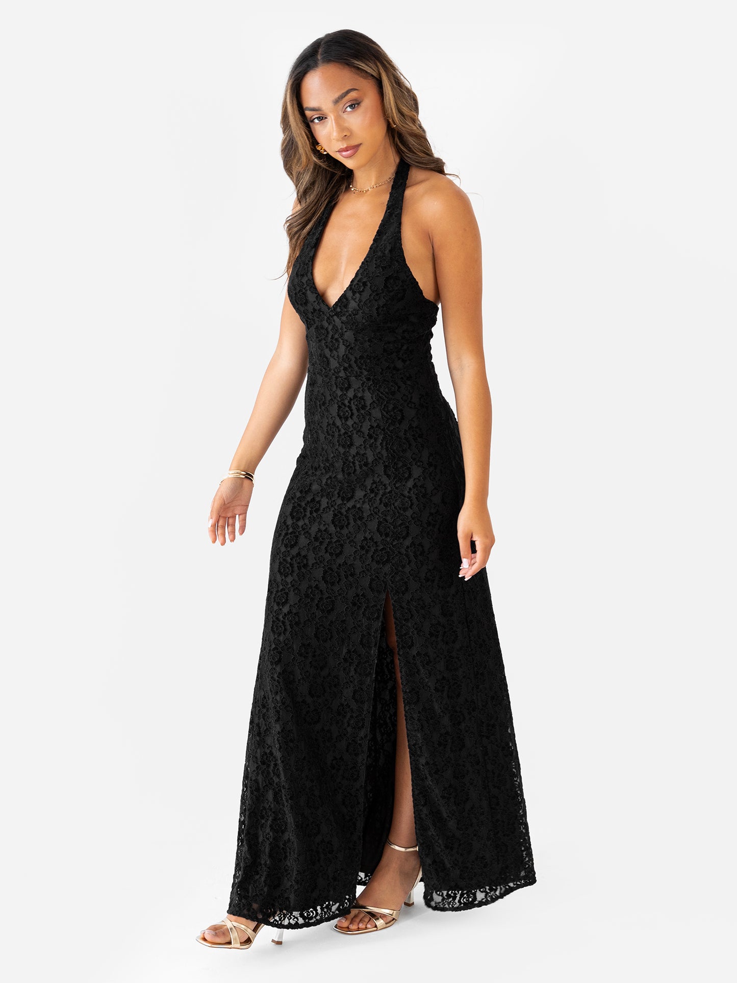 Maya Black Velvet Jacquard Halter Neck Maxi Dress
