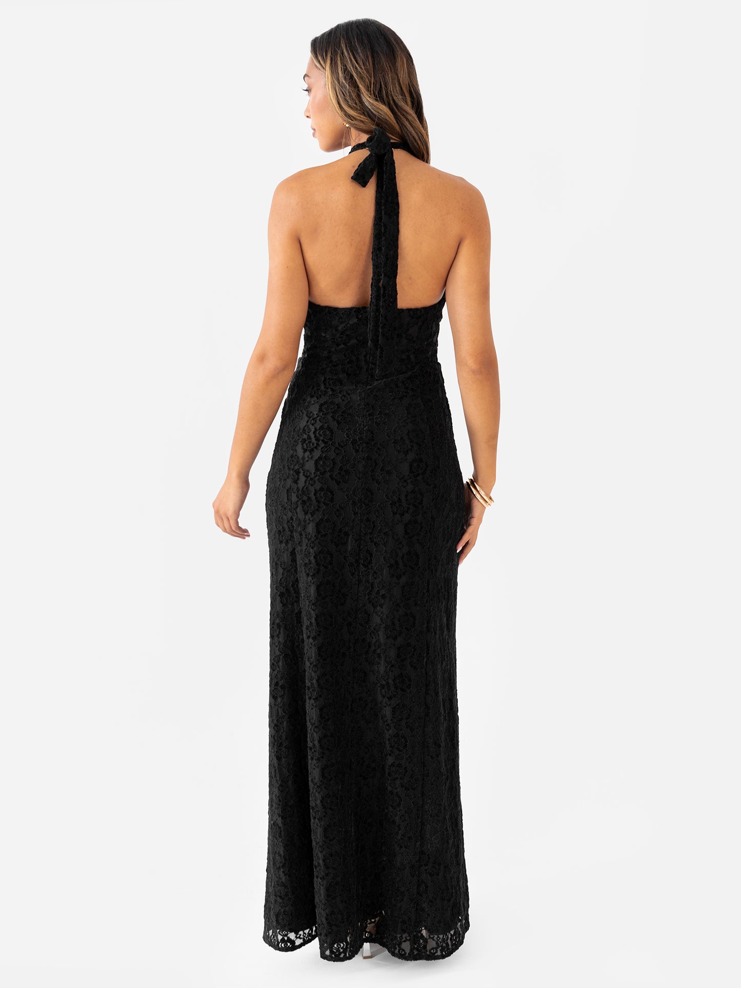 Maya Black Velvet Jacquard Halter Neck Maxi Dress