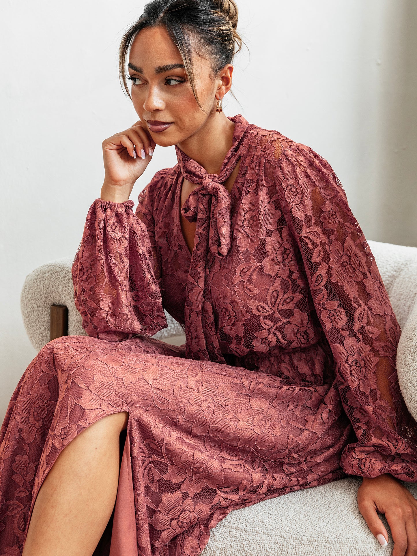 Maya Copper Rose Tie Neck Long Sleeve Lace Maxi Dress