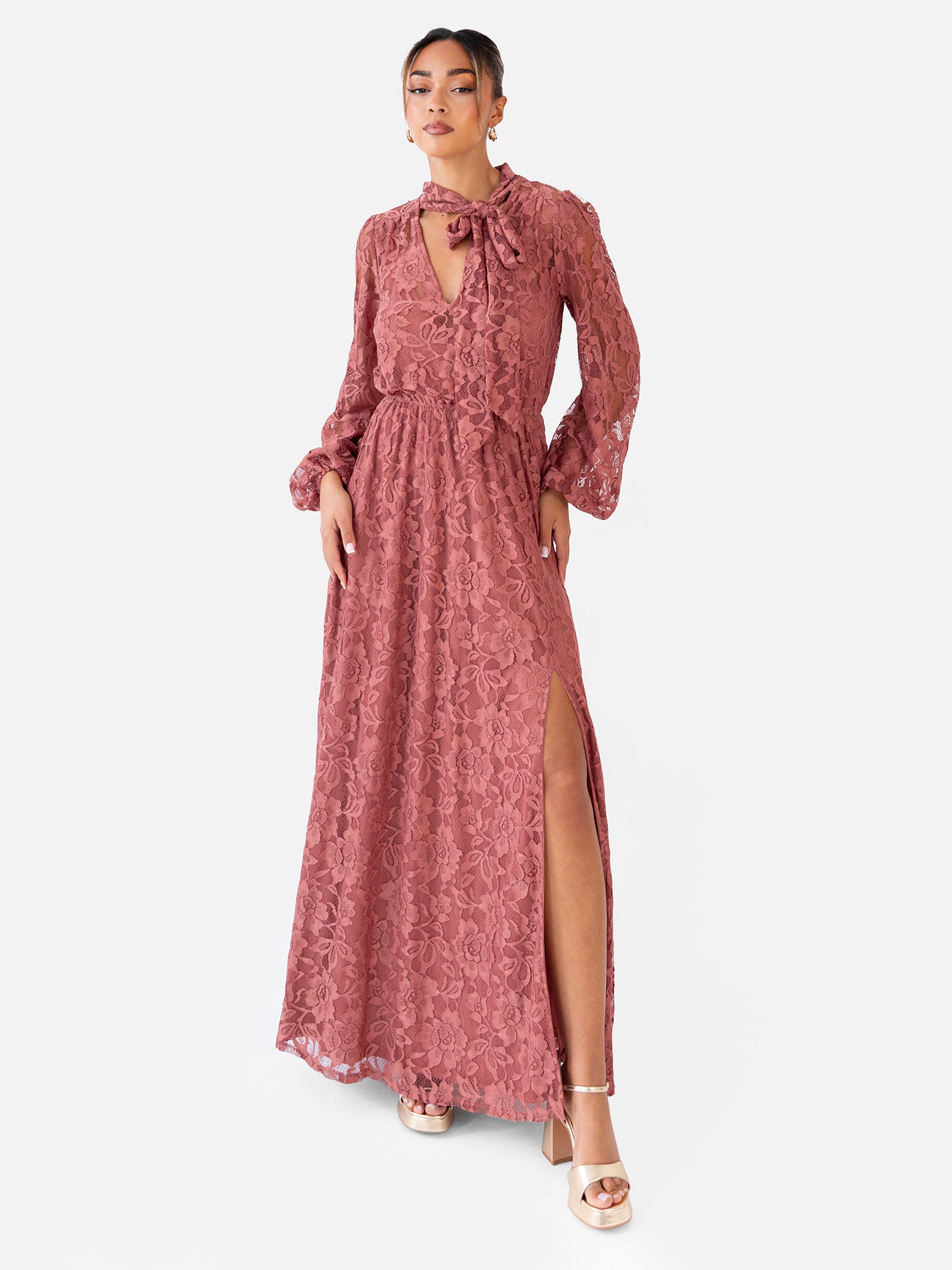 Maya Copper Rose Tie Neck Long Sleeve Lace Maxi Dress