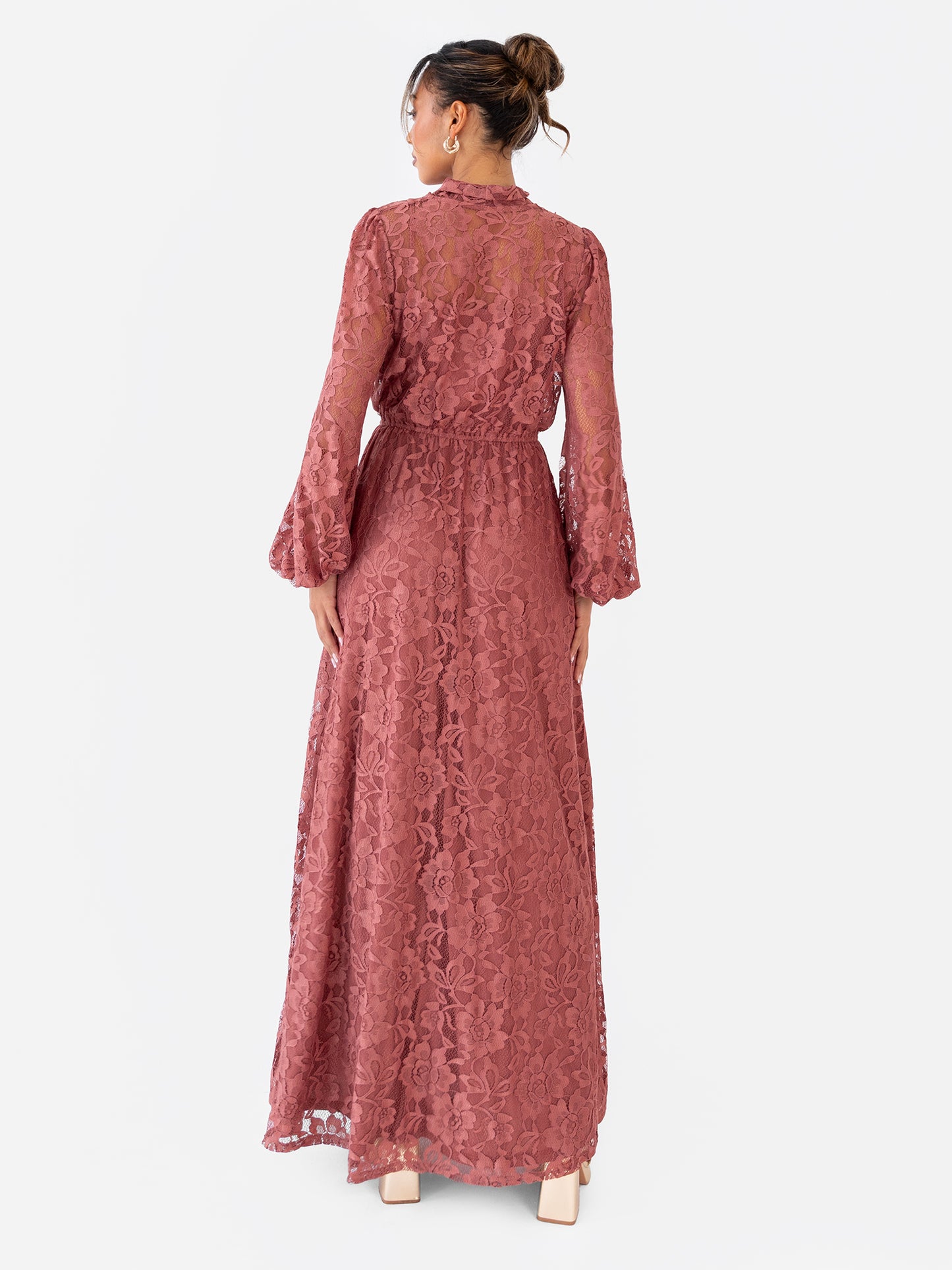 Maya Copper Rose Tie Neck Long Sleeve Lace Maxi Dress