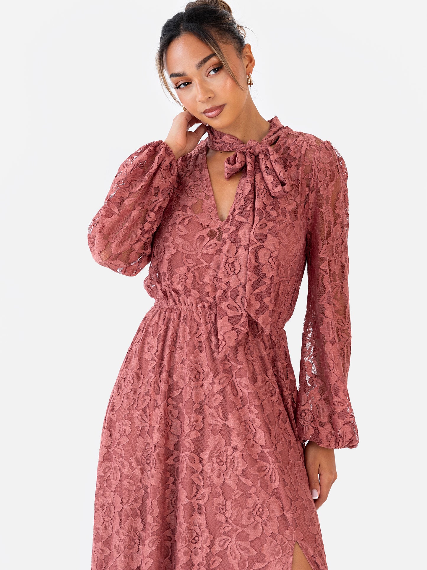 Maya Copper Rose Tie Neck Long Sleeve Lace Maxi Dress