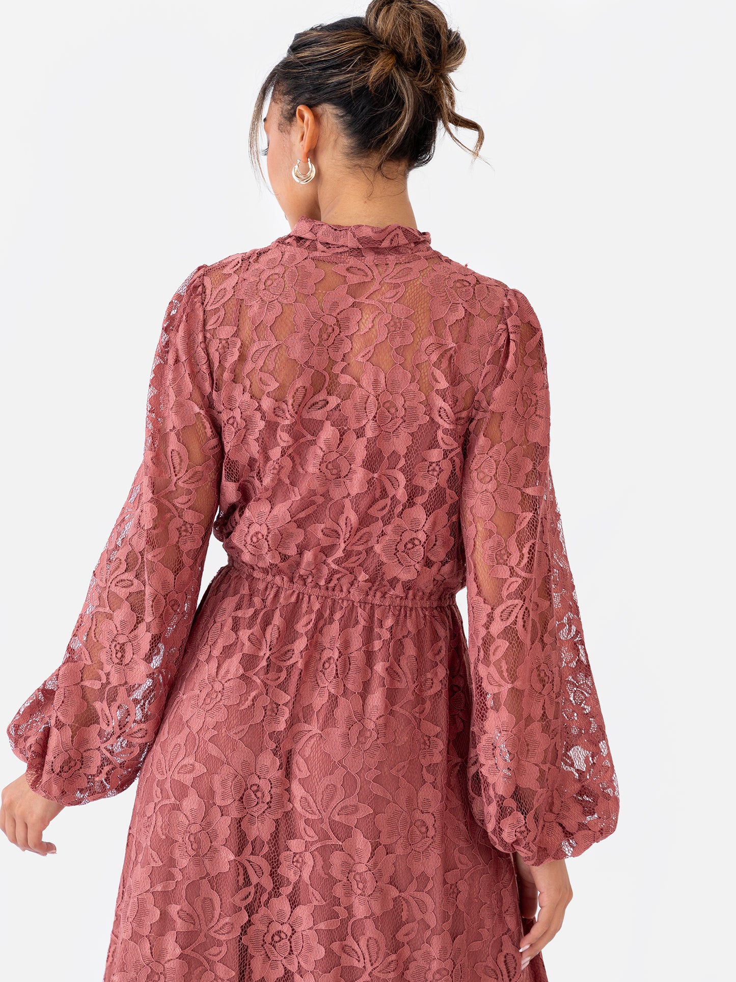 Maya Copper Rose Tie Neck Long Sleeve Lace Maxi Dress