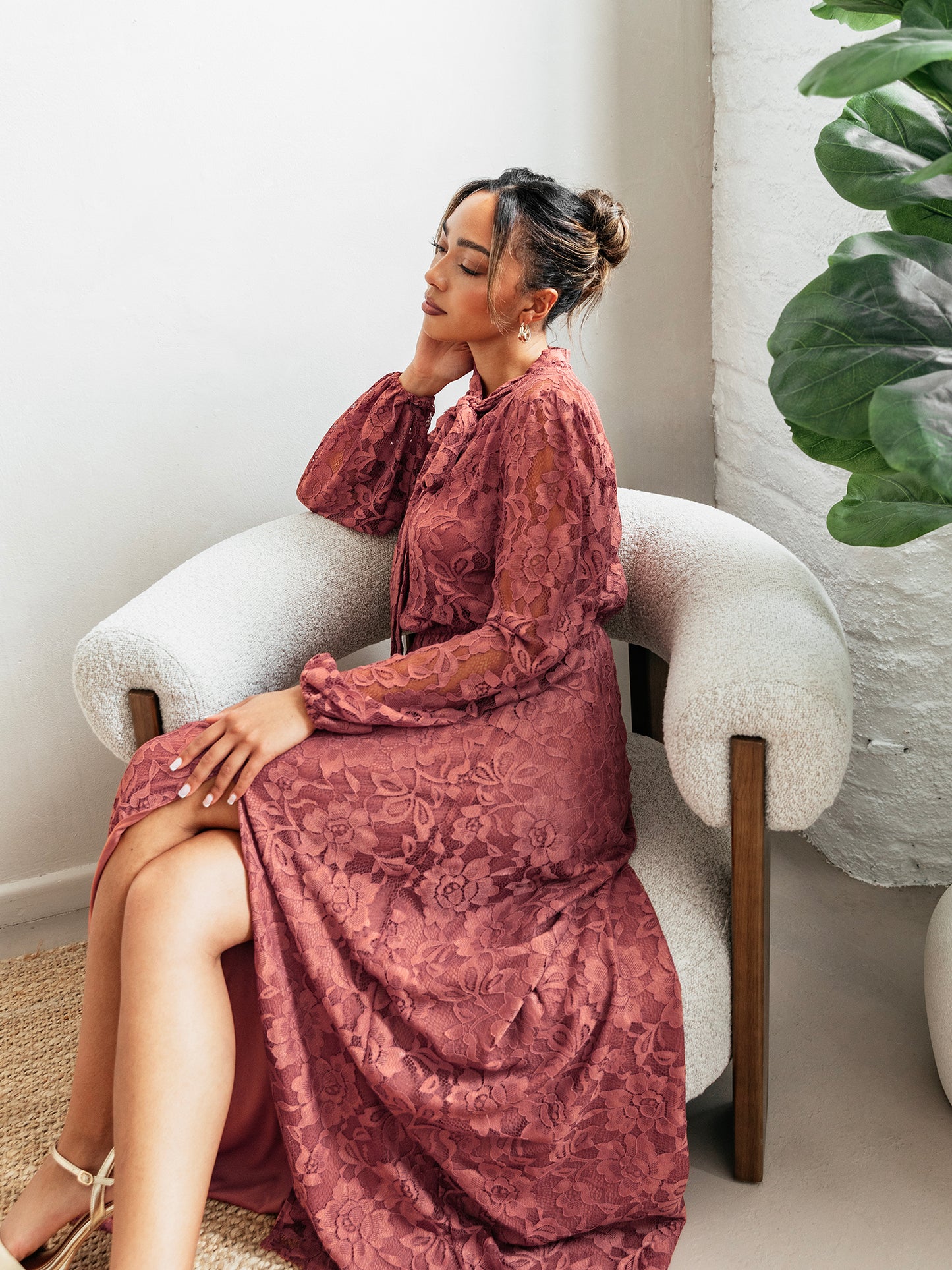 Maya Copper Rose Tie Neck Long Sleeve Lace Maxi Dress