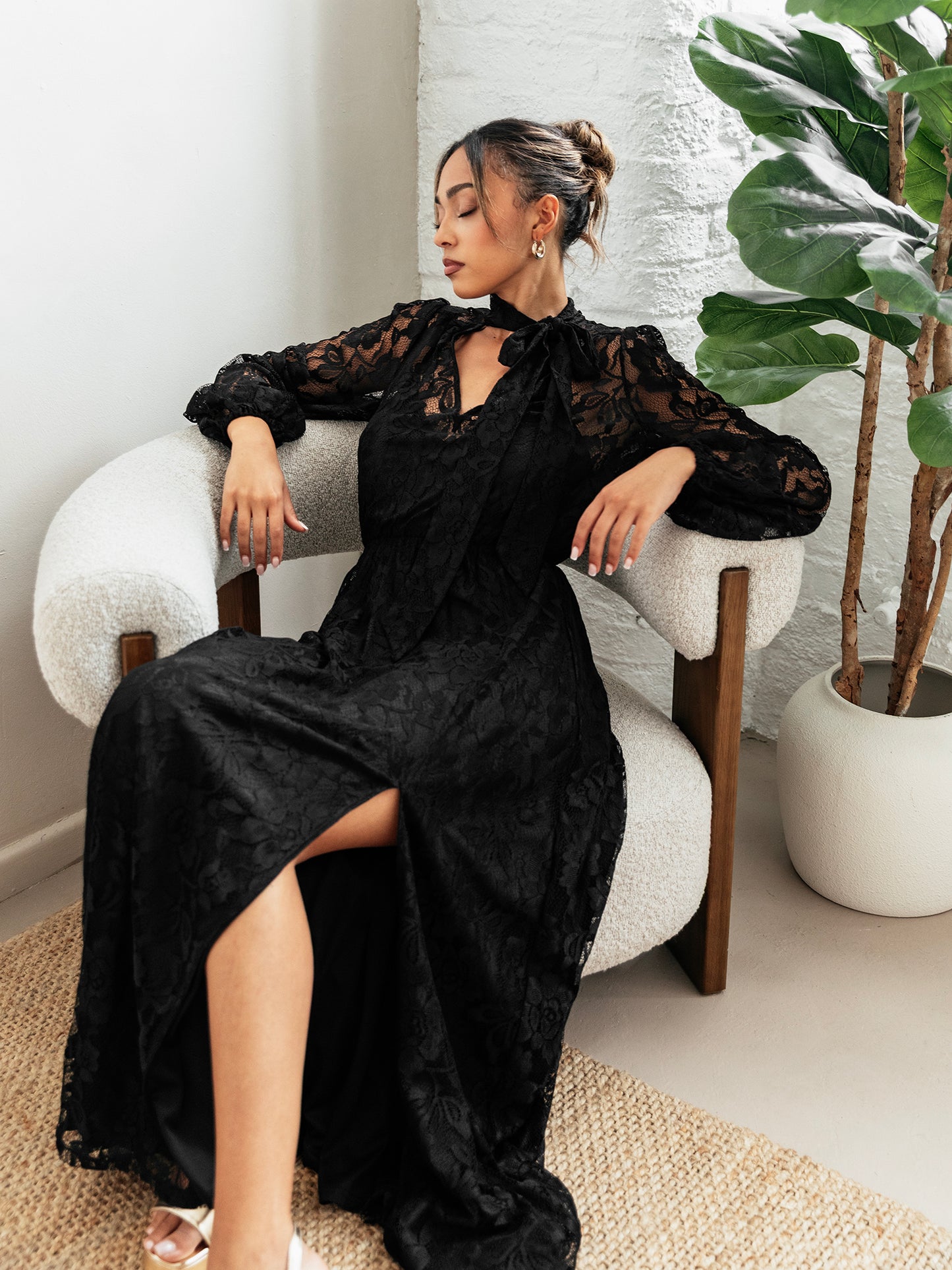 Maya Black Tie Neck Long Sleeve Lace Maxi Dress