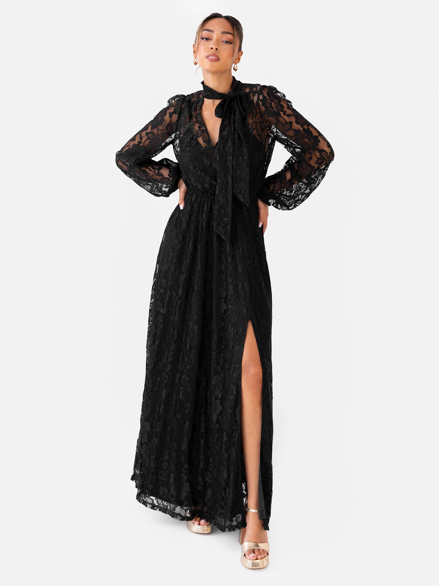 Maya Black Tie Neck Long Sleeve Lace Maxi Dress