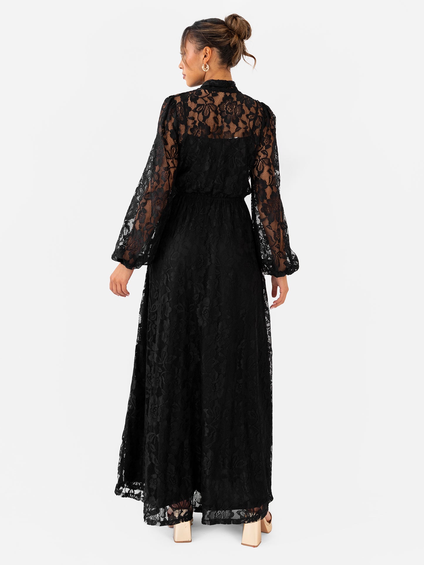 Maya Black Tie Neck Long Sleeve Lace Maxi Dress